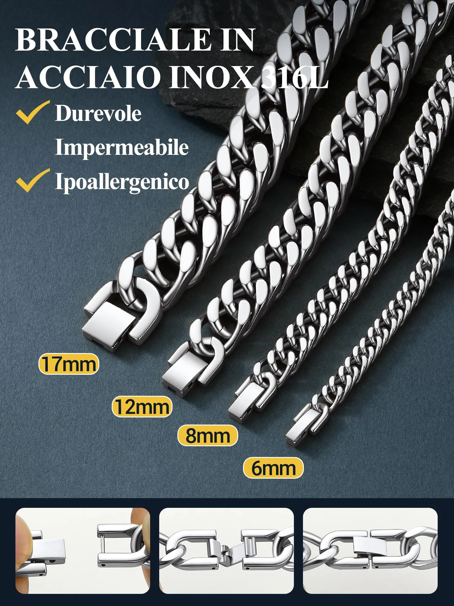 PROSTEEL Bracciale da Uomo in Acciaio Inox, Catena Cubana Ritorta, Argento, 6mm x 19cm - immagine 3