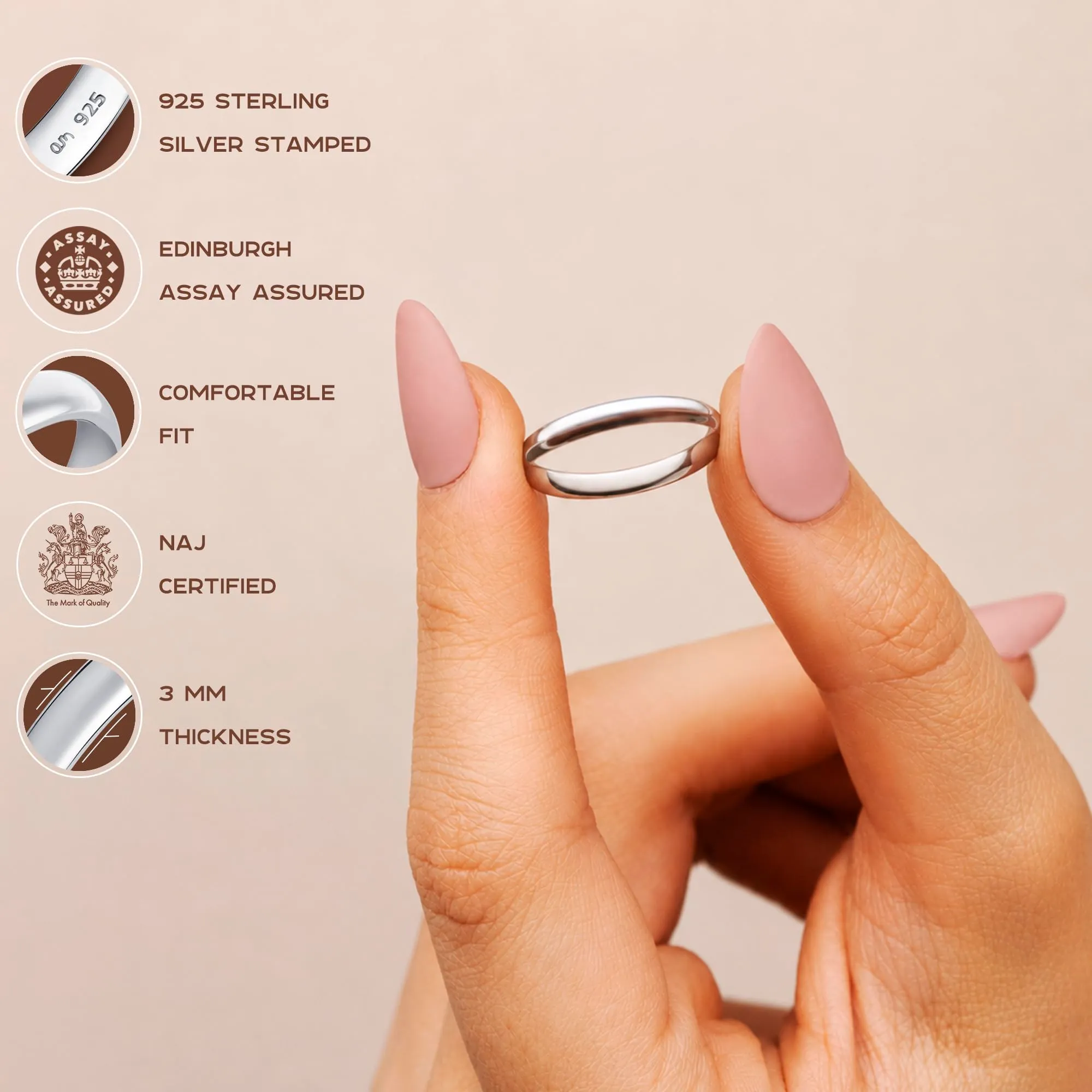 Amberta Fede Nuziale in Argento Sterling 925, 3 mm, Misura 19 - immagine 5