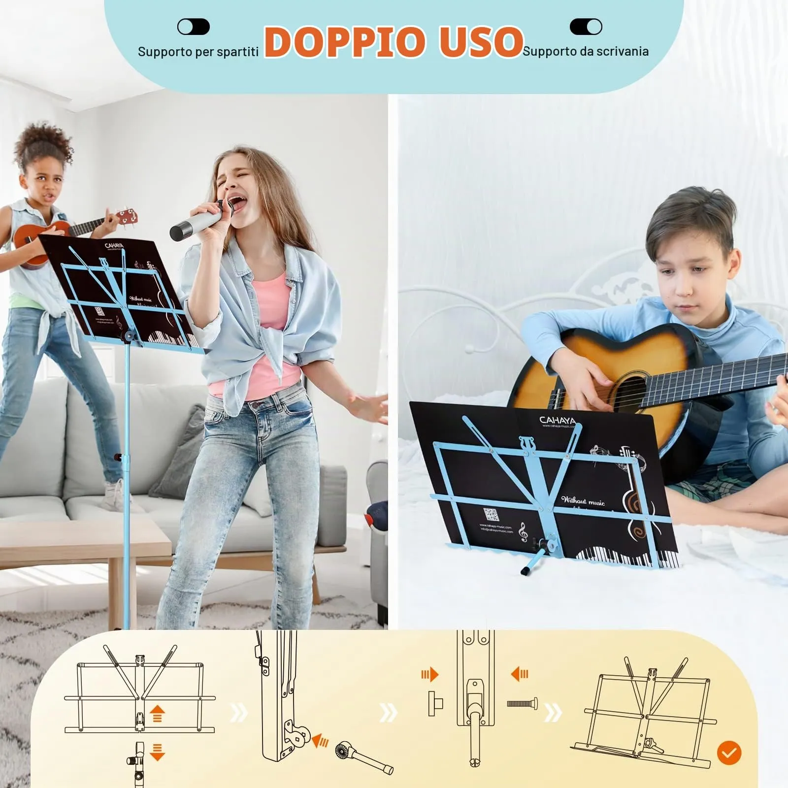 CAHAYA 2-in-1 Leggio Musicale e Supporto da Tavolo Pieghevole, Altezza Regolabile 70-138cm con Borsa di Trasporto, Blu CY0204-3 - immagine 3