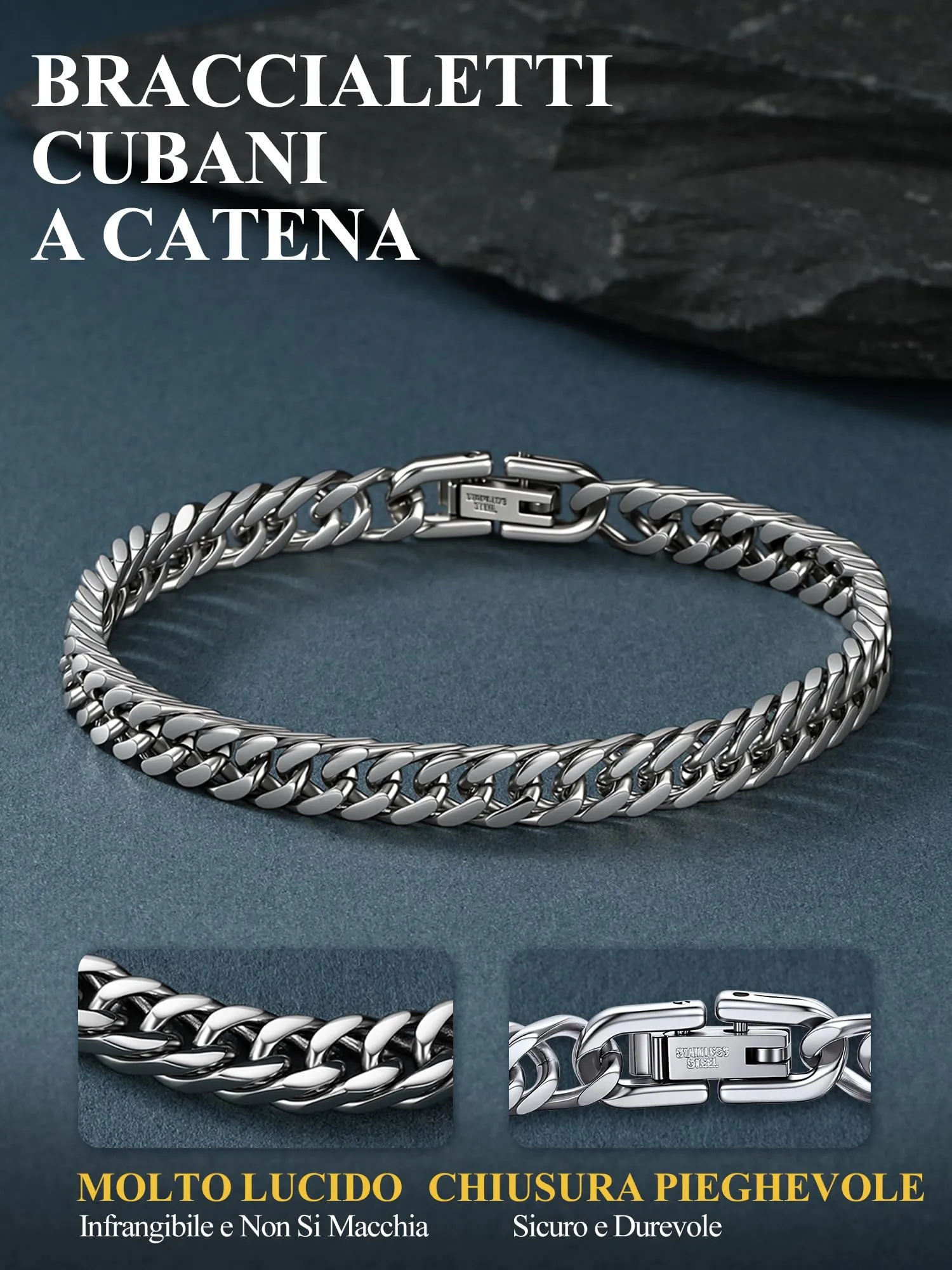 PROSTEEL Bracciale da Uomo in Acciaio Inox, Catena Cubana Ritorta, Argento, 6mm x 23cm - immagine 6