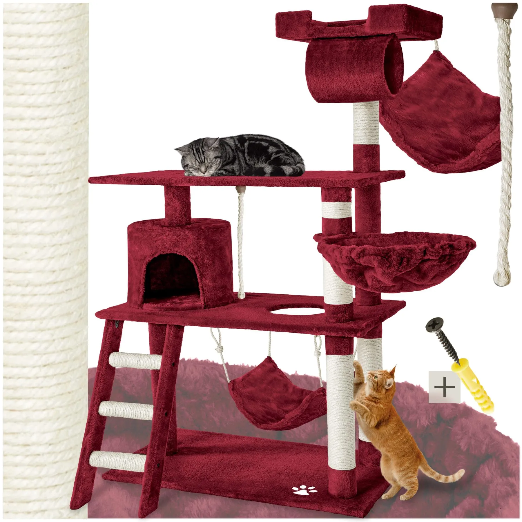 tectake Tiragraffi Multifunzionale per Gatti con Amaca, Piattaforme Elevate e Colonne in Sisal - Rosso Vino - immagine 1