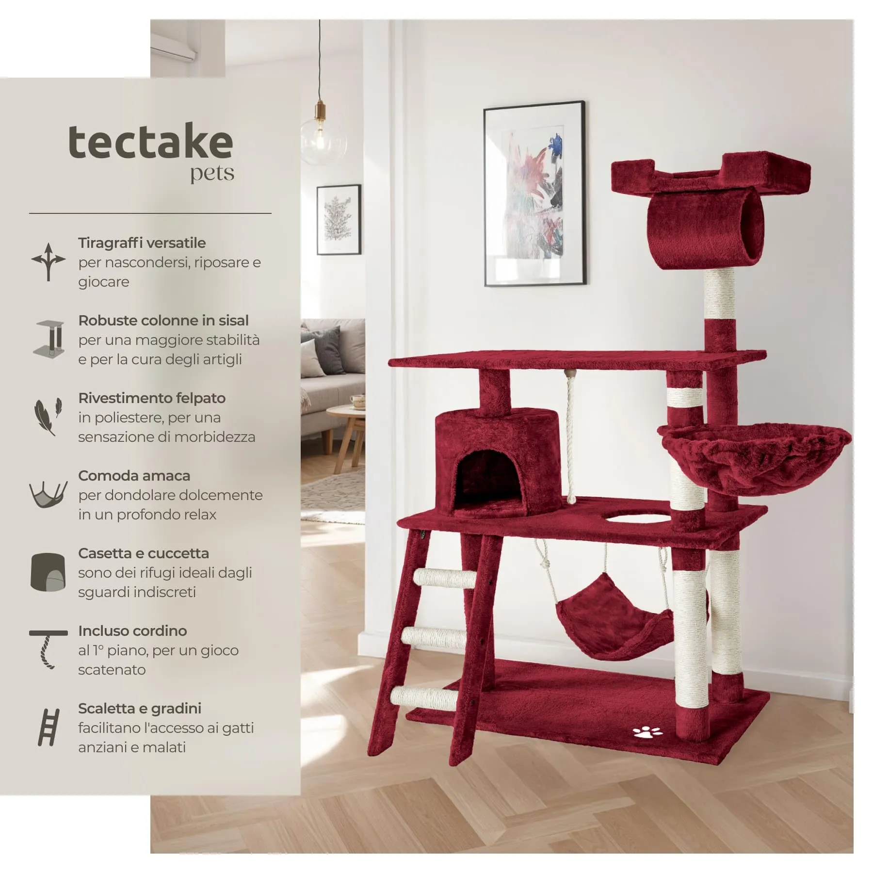tectake Tiragraffi Multifunzionale per Gatti con Amaca, Piattaforme Elevate e Colonne in Sisal - Rosso Vino - immagine 2