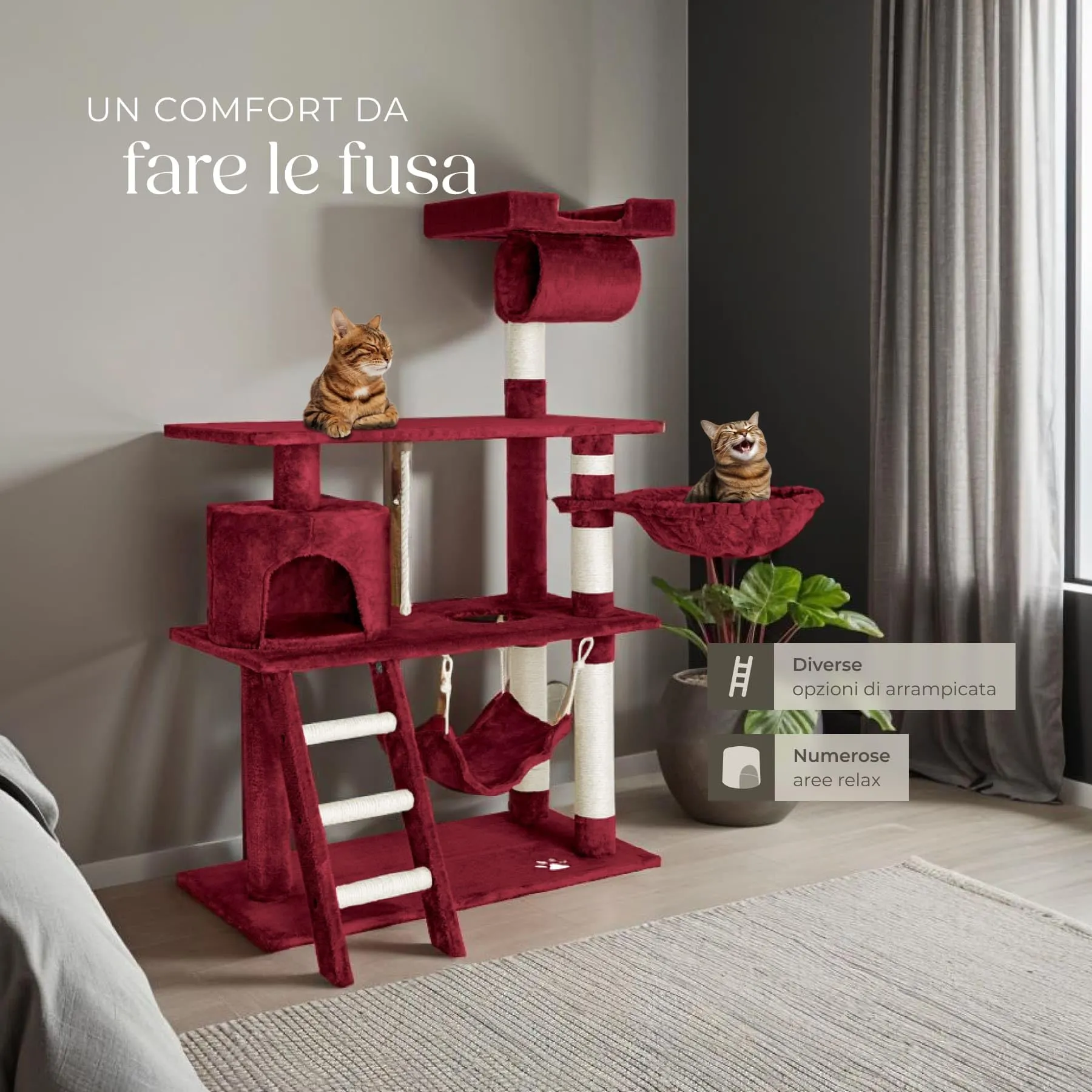 tectake Tiragraffi Multifunzionale per Gatti con Amaca, Piattaforme Elevate e Colonne in Sisal - Rosso Vino - immagine 3