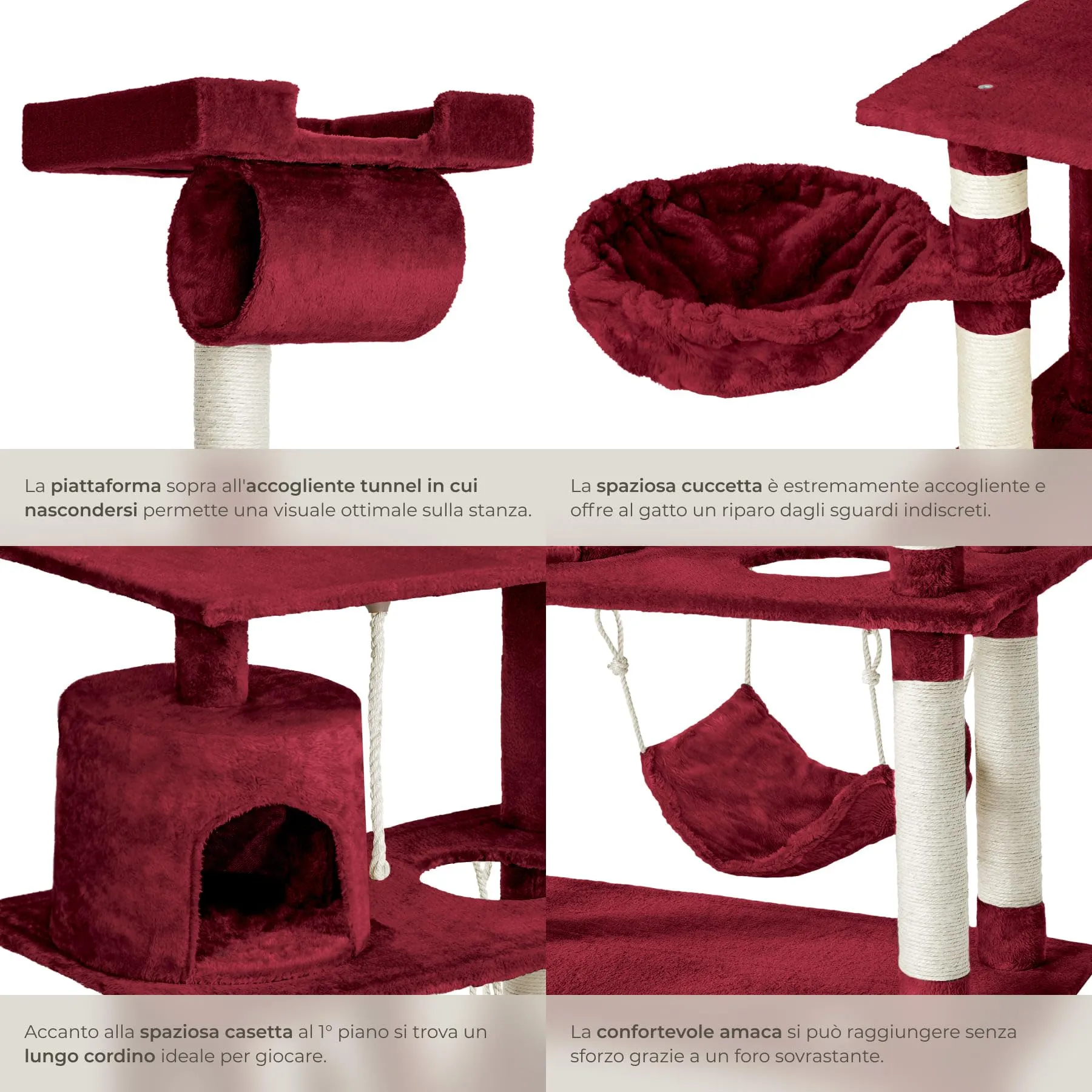 tectake Tiragraffi Multifunzionale per Gatti con Amaca, Piattaforme Elevate e Colonne in Sisal - Rosso Vino - immagine 4