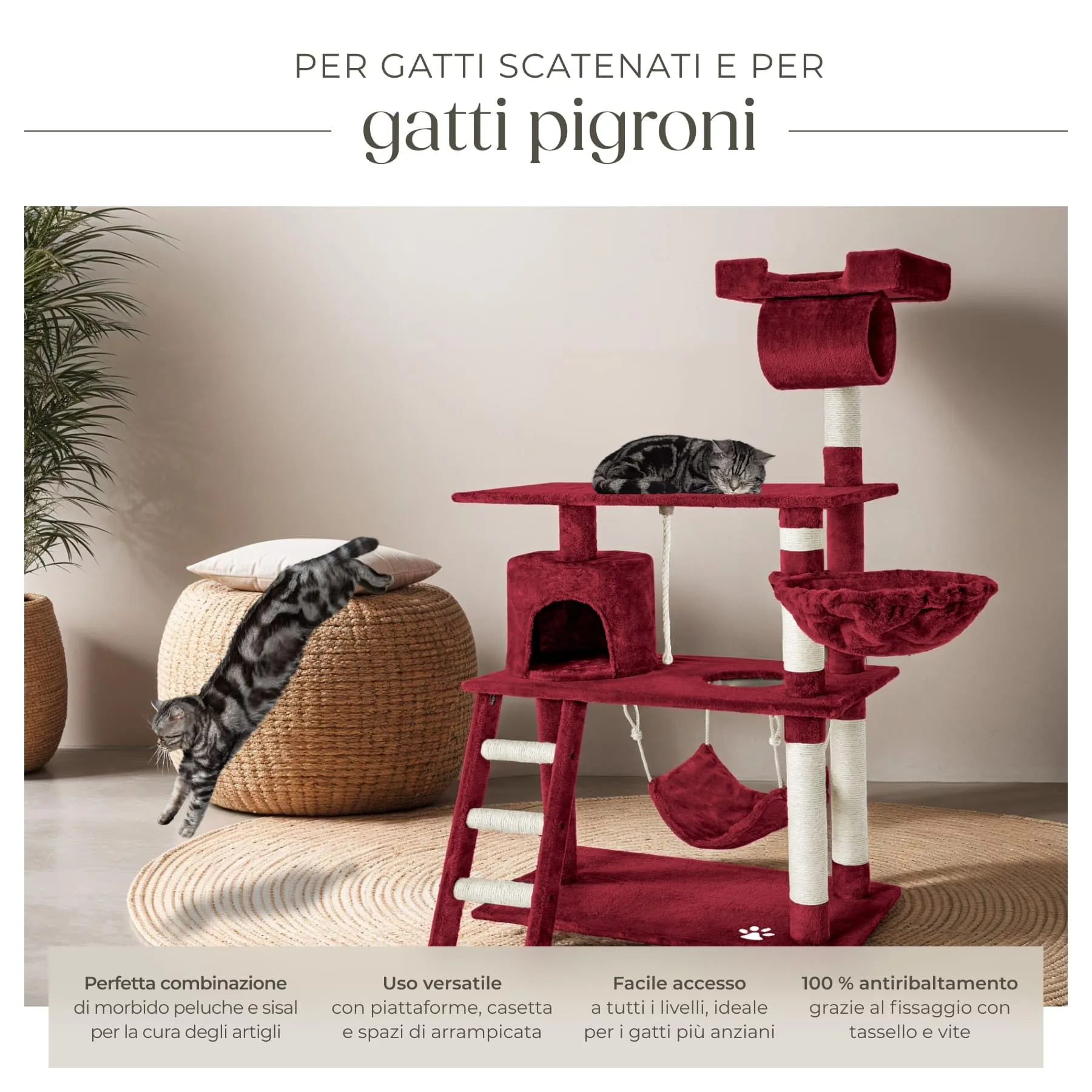 tectake Tiragraffi Multifunzionale per Gatti con Amaca, Piattaforme Elevate e Colonne in Sisal - Rosso Vino - immagine 5