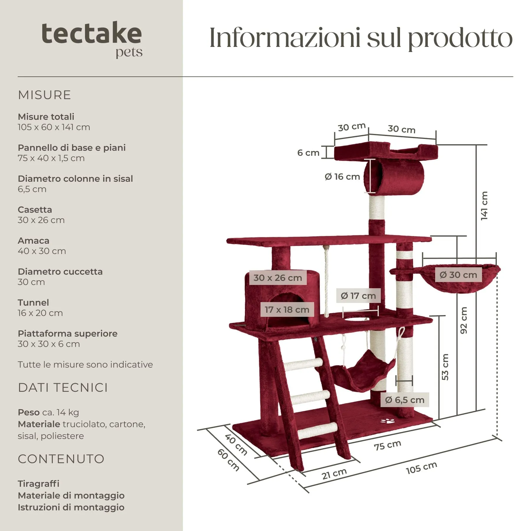 tectake Tiragraffi Multifunzionale per Gatti con Amaca, Piattaforme Elevate e Colonne in Sisal - Rosso Vino - immagine 6