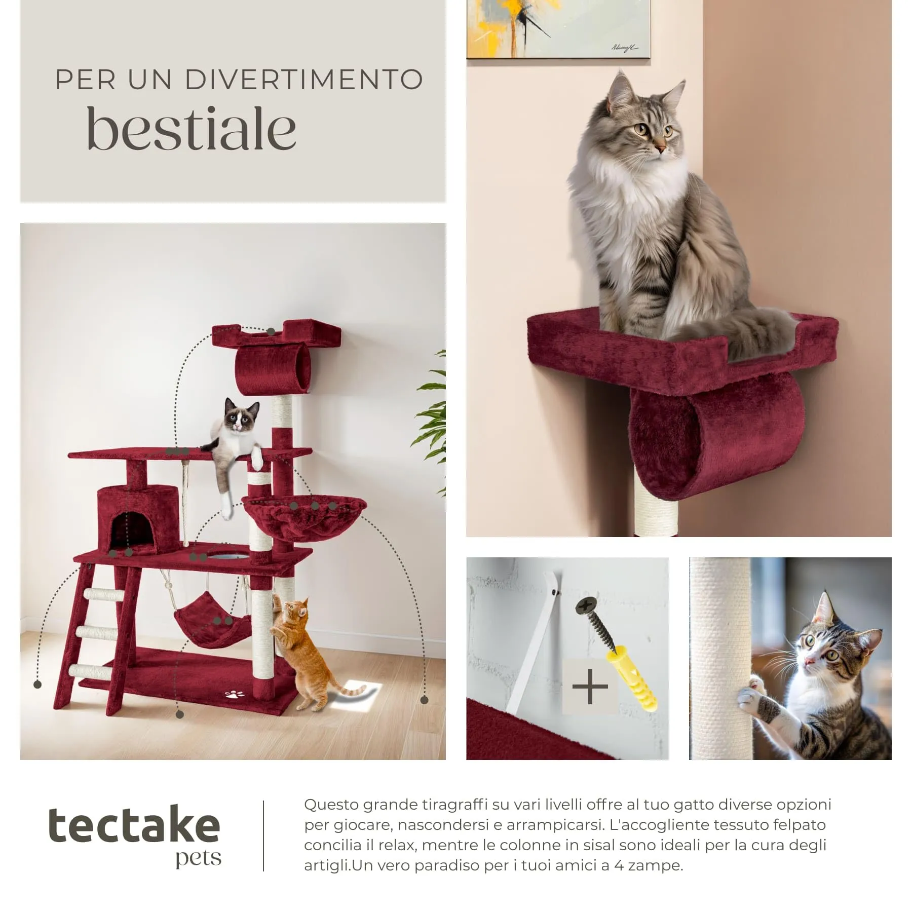 tectake Tiragraffi Multifunzionale per Gatti con Amaca, Piattaforme Elevate e Colonne in Sisal - Rosso Vino - immagine 7