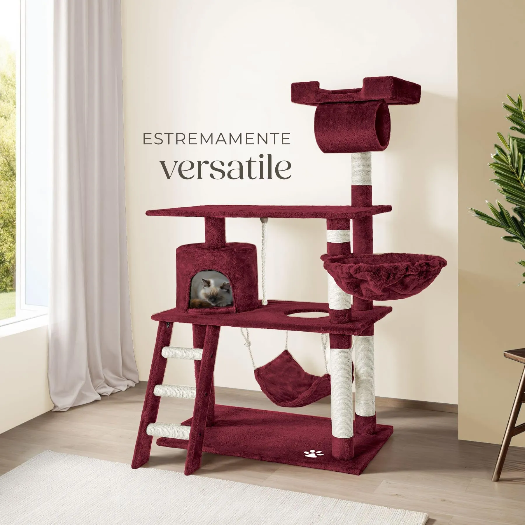 tectake Tiragraffi Multifunzionale per Gatti con Amaca, Piattaforme Elevate e Colonne in Sisal - Rosso Vino - immagine 8