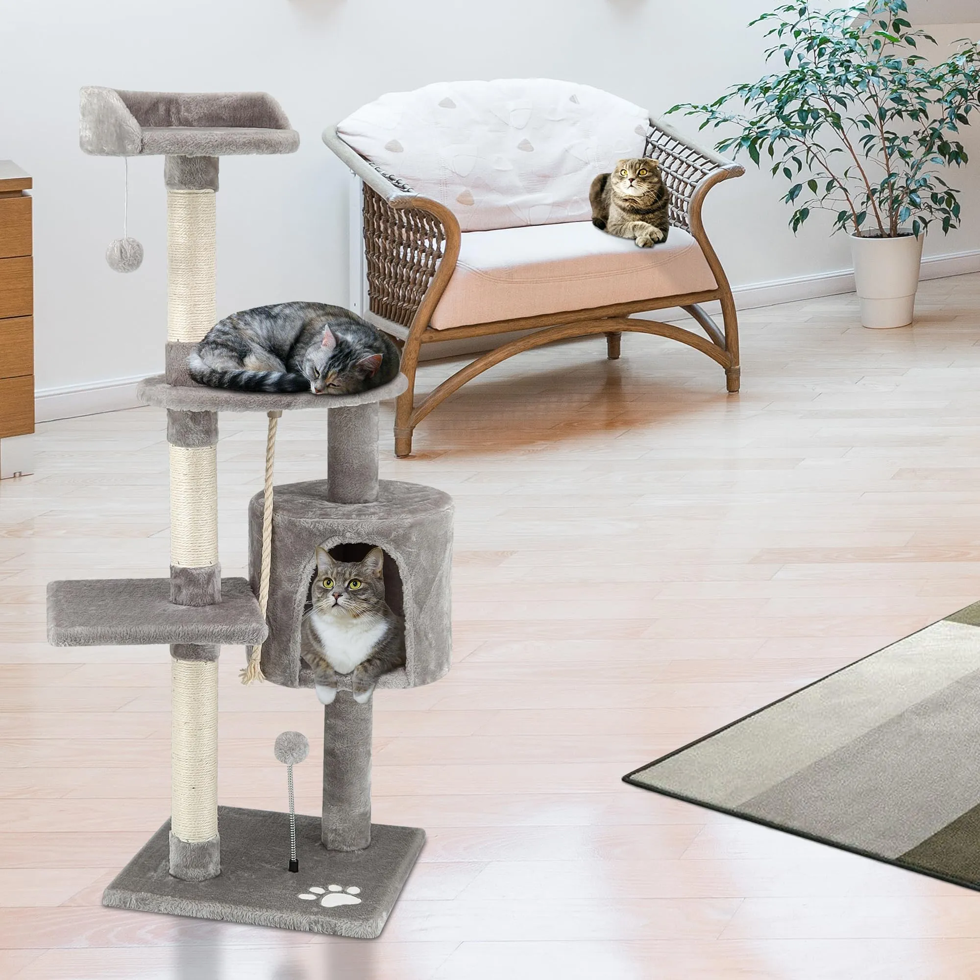 Beltom Tiragraffi per Gatto 112 cm, Parco Giochi con Sisal e Cuccia - Grigio - immagine 2