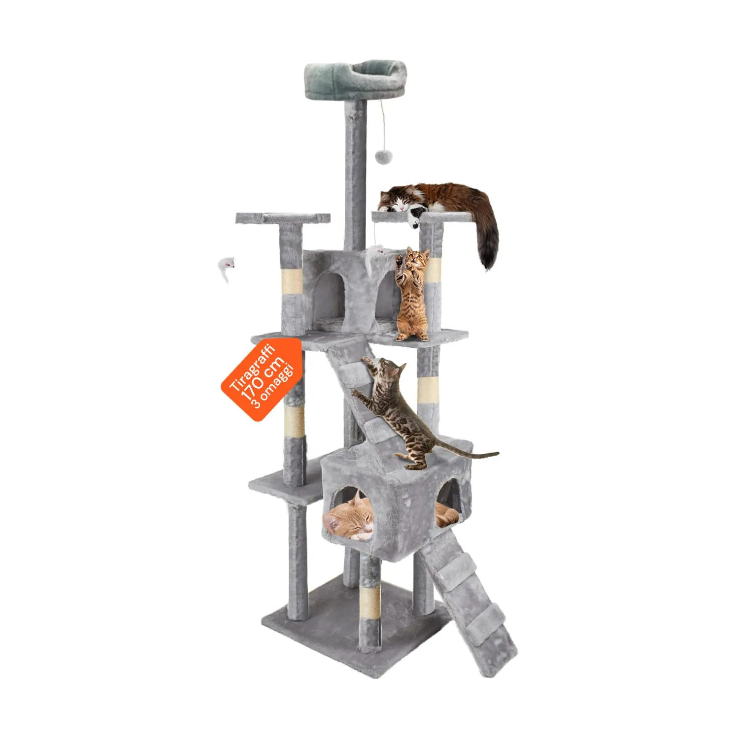 Wintem Tiragraffi XXL 170cm con Doppia Cuccia, Albero Giochi in Sisal e Peluche, Grigio - immagine 1