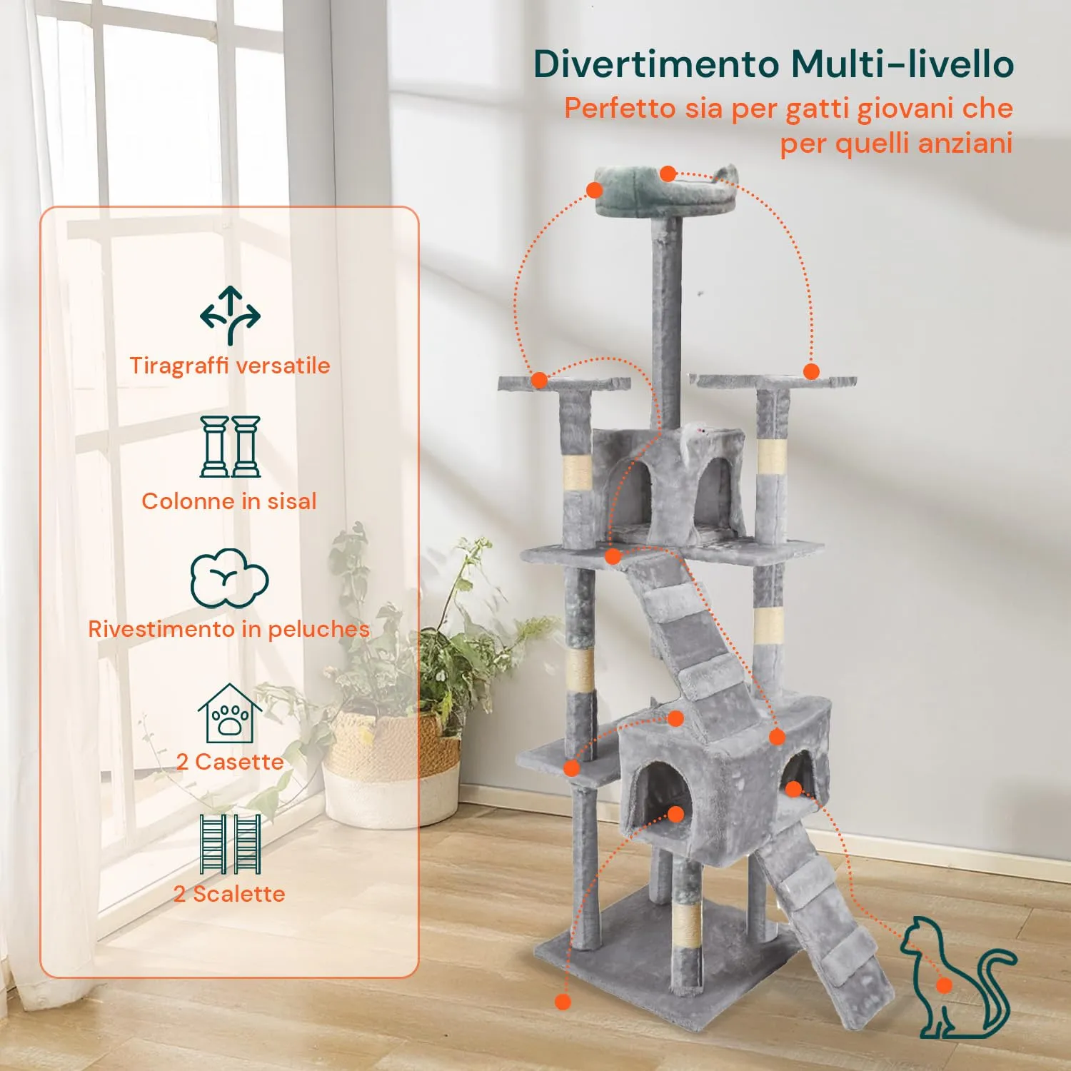 Wintem Tiragraffi XXL 170cm con Doppia Cuccia, Albero Giochi in Sisal e Peluche, Grigio - immagine 2
