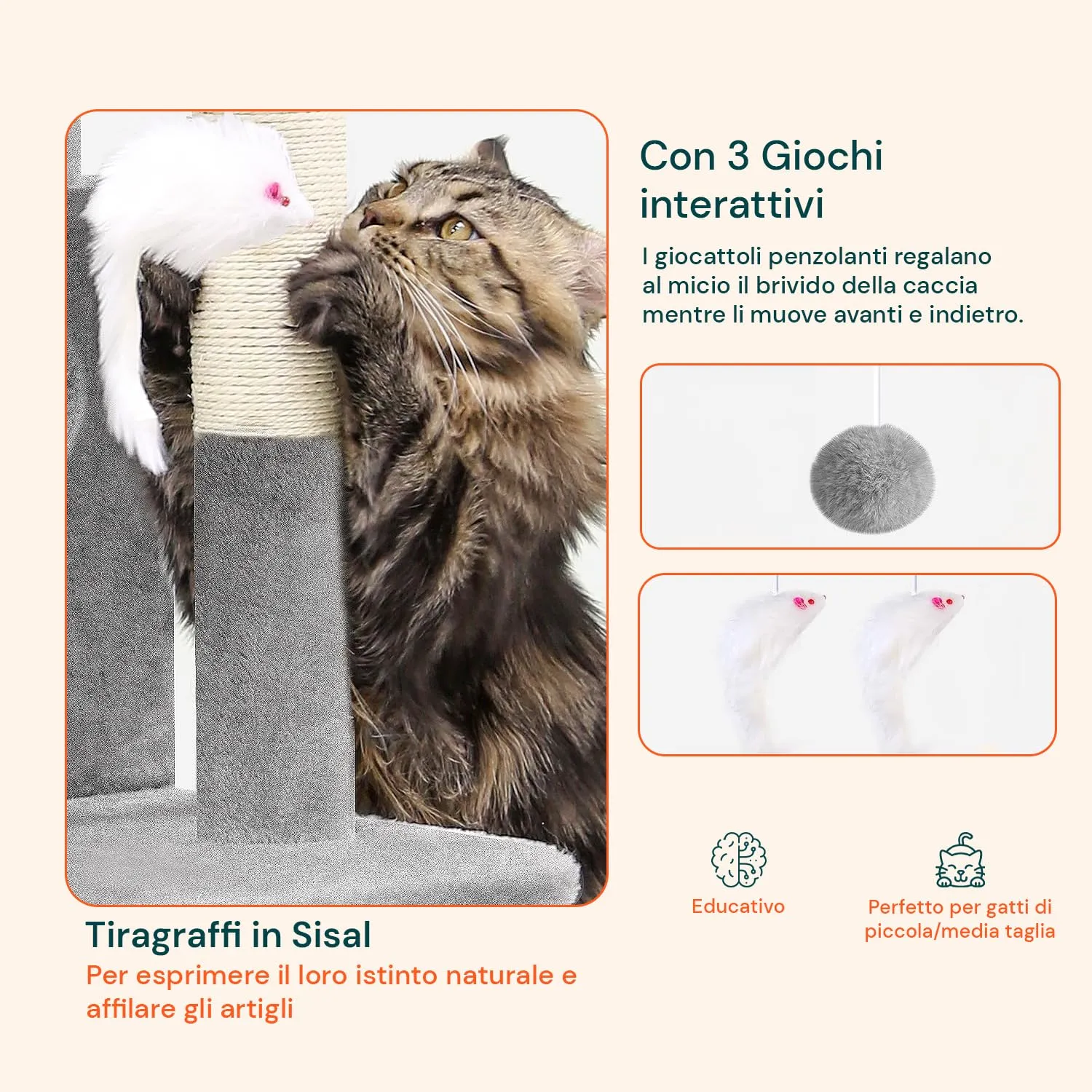 Wintem Tiragraffi XXL 170cm con Doppia Cuccia, Albero Giochi in Sisal e Peluche, Grigio - immagine 4