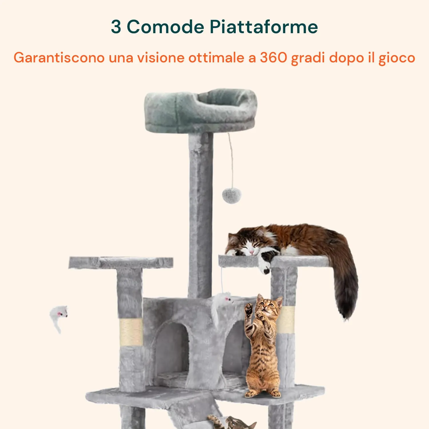 Wintem Tiragraffi XXL 170cm con Doppia Cuccia, Albero Giochi in Sisal e Peluche, Grigio - immagine 7