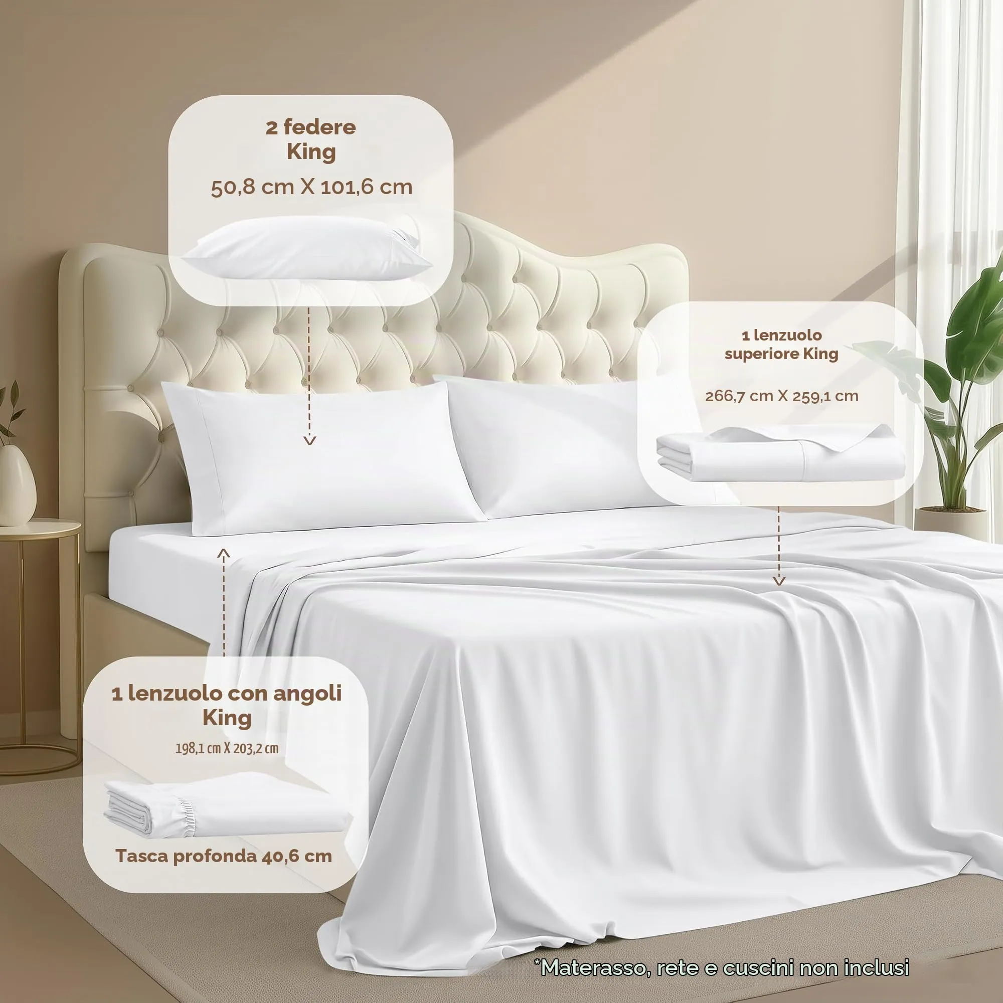 Utopia Bedding Set di lenzuola in microfibra 4 pezzi, King size, Bianco - immagine 2