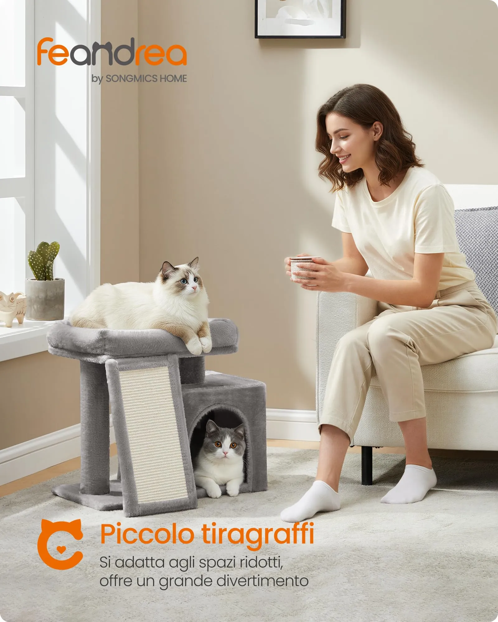 Feandrea Albero per Gatti Piccolo con Casetta e Rampa Graffiatoio, Grigio Tortora PCT010GD01 - immagine 2