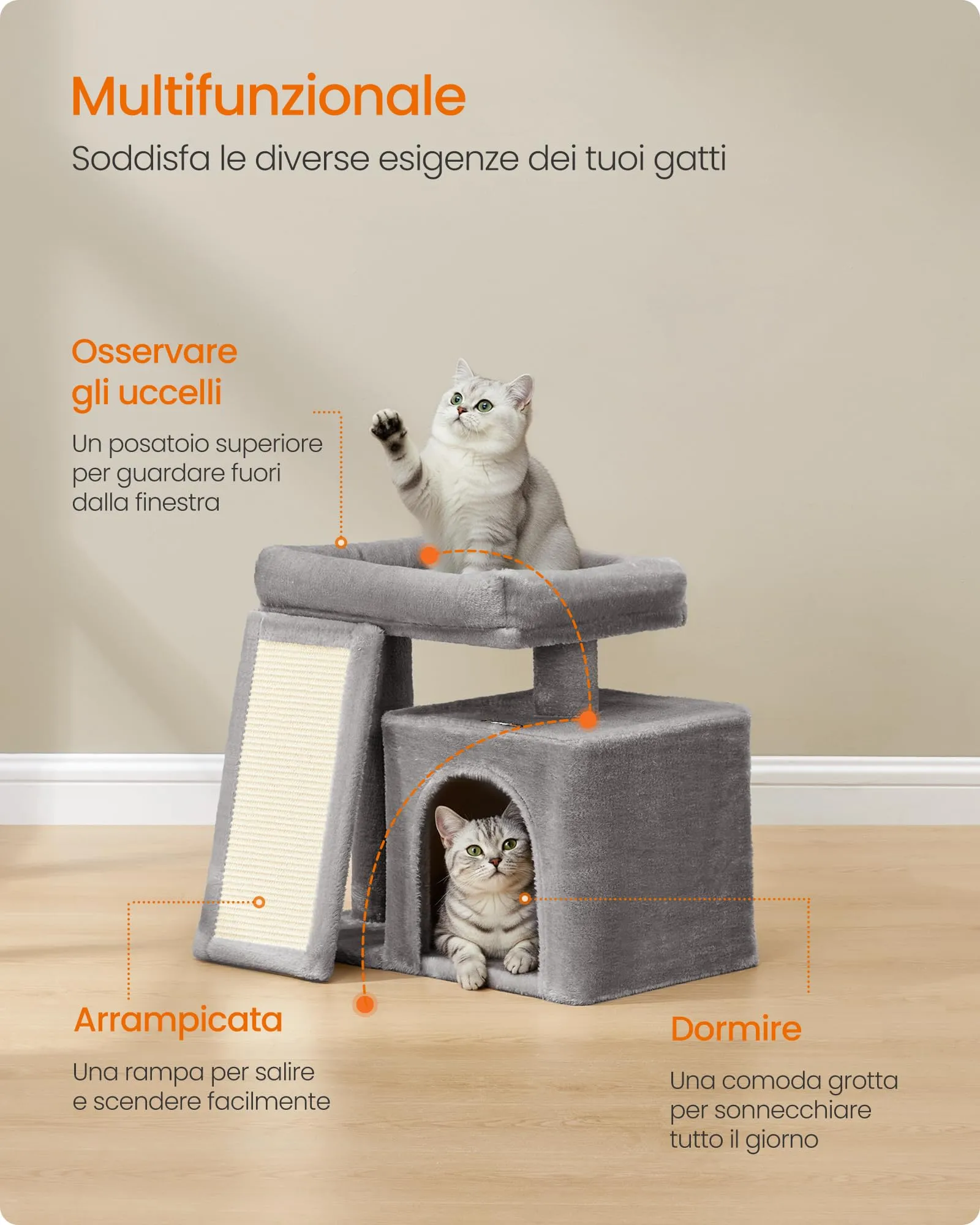 Feandrea Albero per Gatti Piccolo con Casetta e Rampa Graffiatoio, Grigio Tortora PCT010GD01 - immagine 3