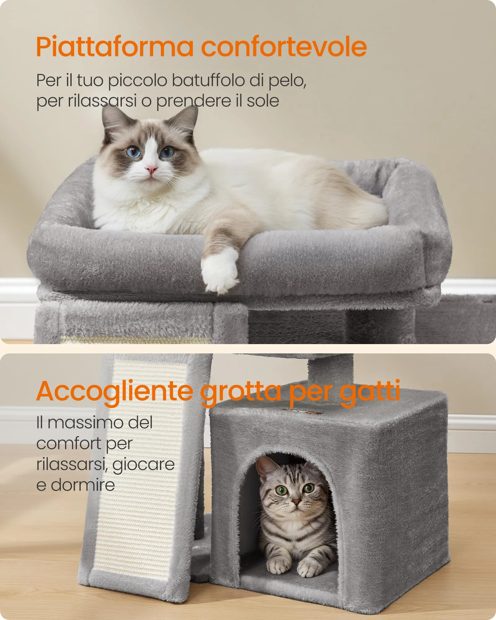 Feandrea Albero per Gatti Piccolo con Casetta e Rampa Graffiatoio, Grigio Tortora PCT010GD01 - immagine 4
