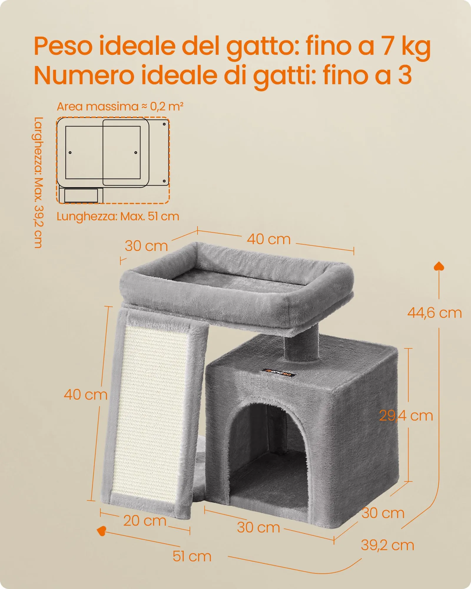 Feandrea Albero per Gatti Piccolo con Casetta e Rampa Graffiatoio, Grigio Tortora PCT010GD01 - immagine 6