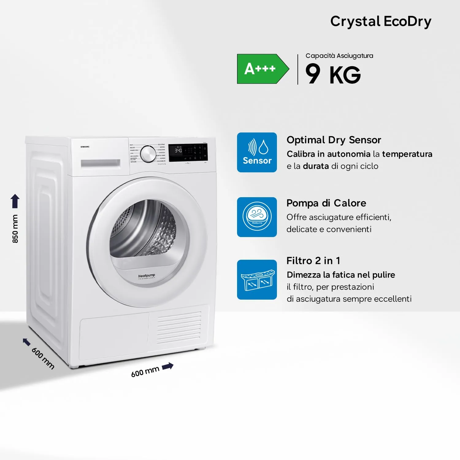 Samsung Crystal EcoDry DV90DG52A0TE Asciugatrice, 9 kg, Pompa di Calore, Wifi, Optimal Dry Sensor, Display Led, Filtro 2 in 1, 60x85x60 cm - immagine 2