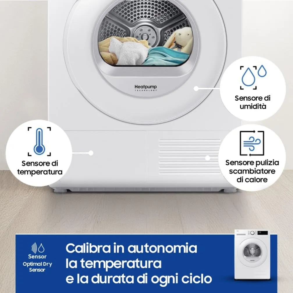 Samsung Crystal EcoDry DV90DG52A0TE Asciugatrice, 9 kg, Pompa di Calore, Wifi, Optimal Dry Sensor, Display Led, Filtro 2 in 1, 60x85x60 cm - immagine 3