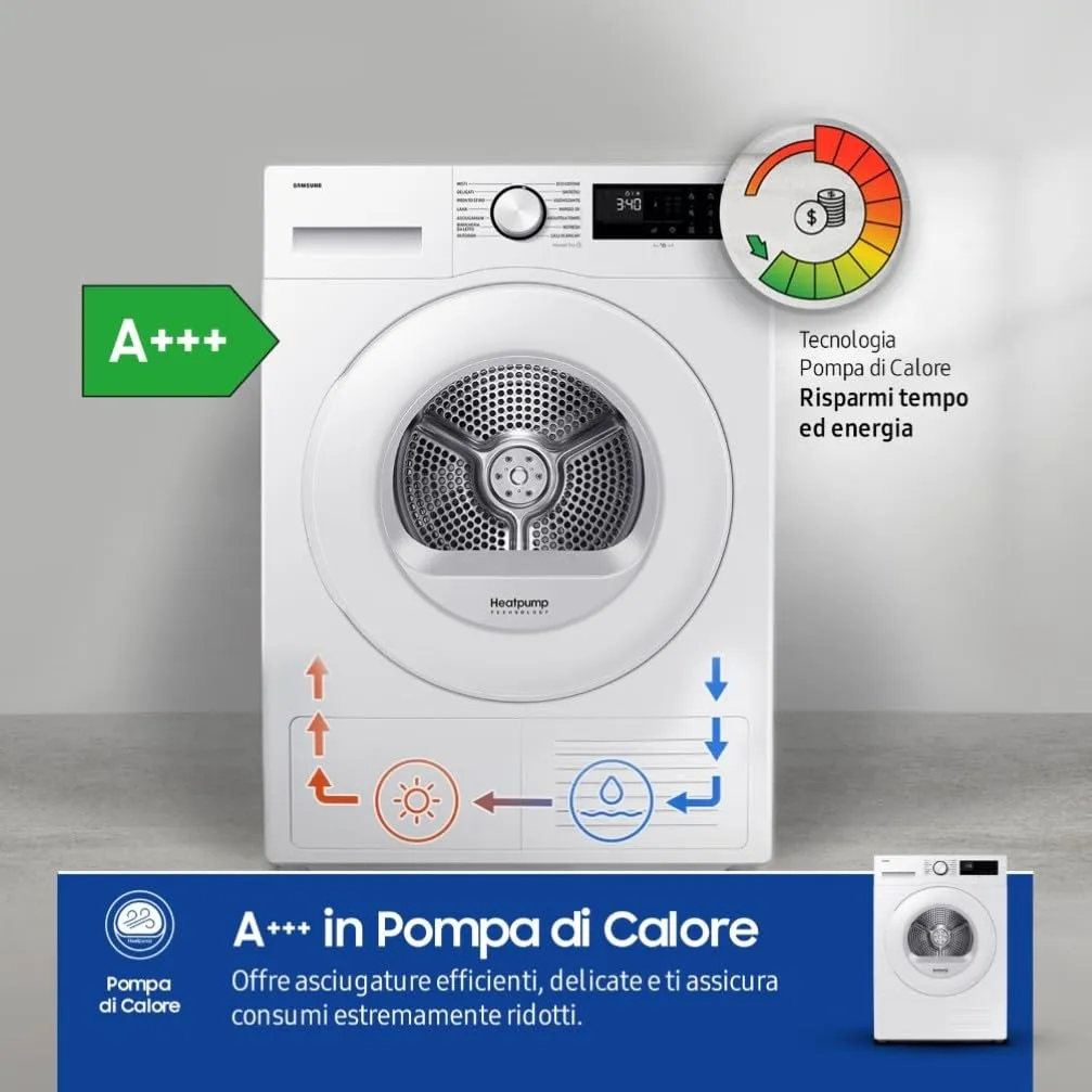 Samsung Crystal EcoDry DV90DG52A0TE Asciugatrice, 9 kg, Pompa di Calore, Wifi, Optimal Dry Sensor, Display Led, Filtro 2 in 1, 60x85x60 cm - immagine 4