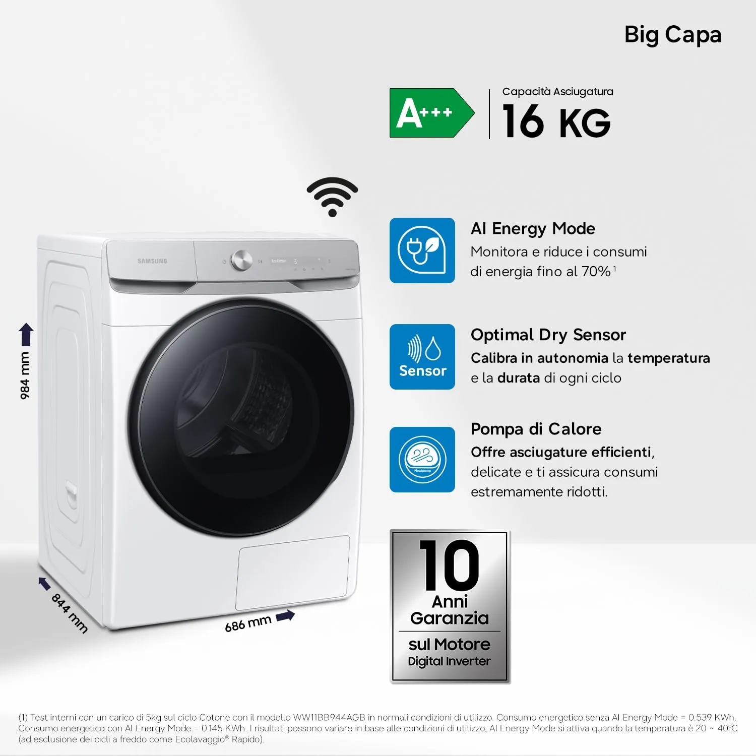 Samsung Asciugatrice DV16DG8600BW/U3, 16 kg, Pompa di Calore, Wifi, AI Dry, 68,6 x 98,4 x 84,4 cm - immagine 2