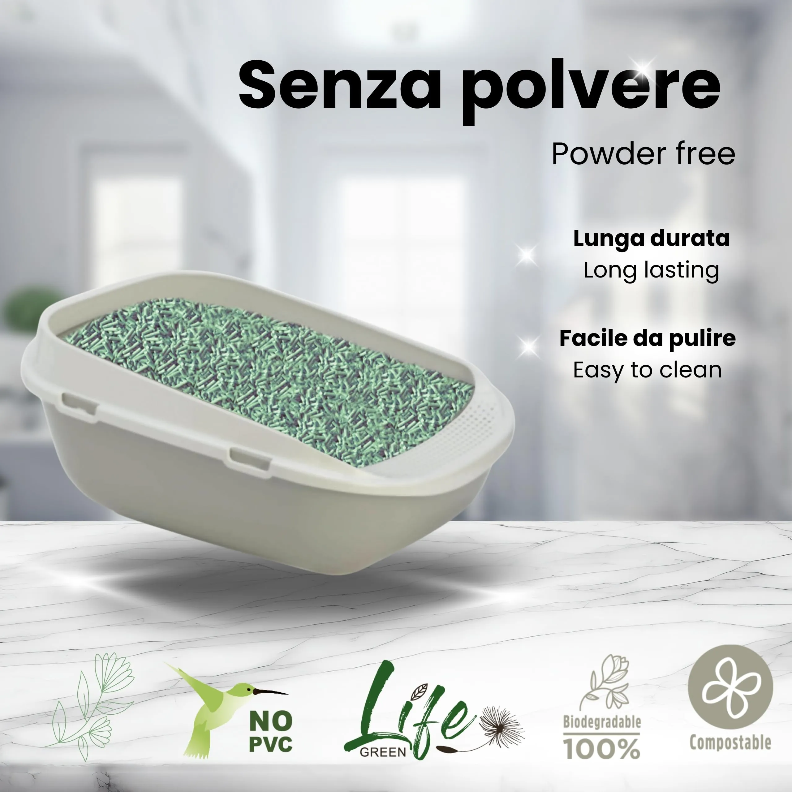 LifeGreen Lettiera Naturalissima per gatti Tè Verde, Vegetale, 2 kg - immagine 4