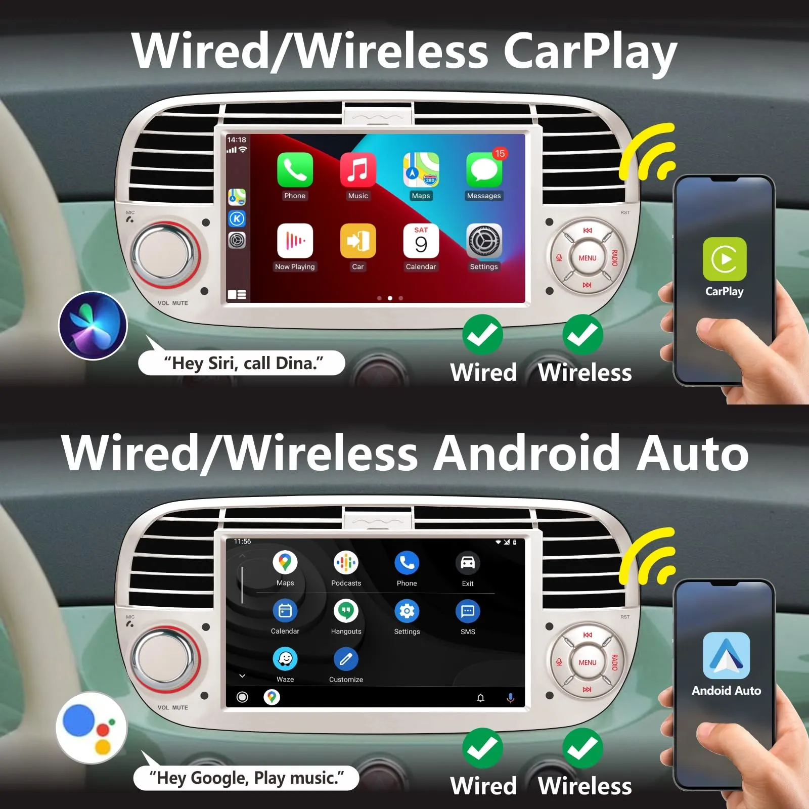 Aphrfamma Autoradio per Fiat 500 2007-2015, CarPlay Wireless, Android Auto, 7 Pollici IPS, Bluetooth, FM/AM, USB, Mirror Link (Bianco) - immagine 2