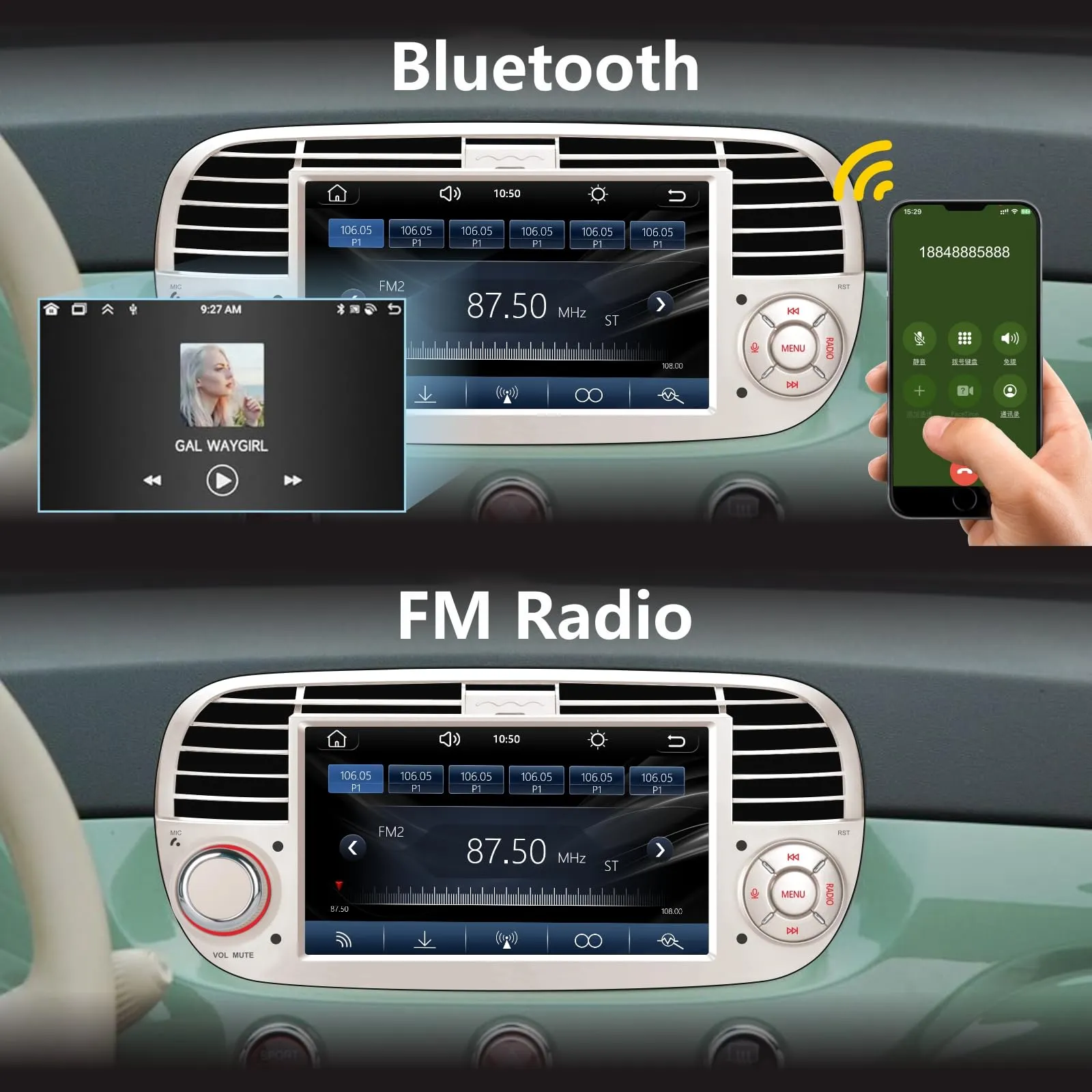 Aphrfamma Autoradio per Fiat 500 2007-2015, CarPlay Wireless, Android Auto, 7 Pollici IPS, Bluetooth, FM/AM, USB, Mirror Link (Bianco) - immagine 3