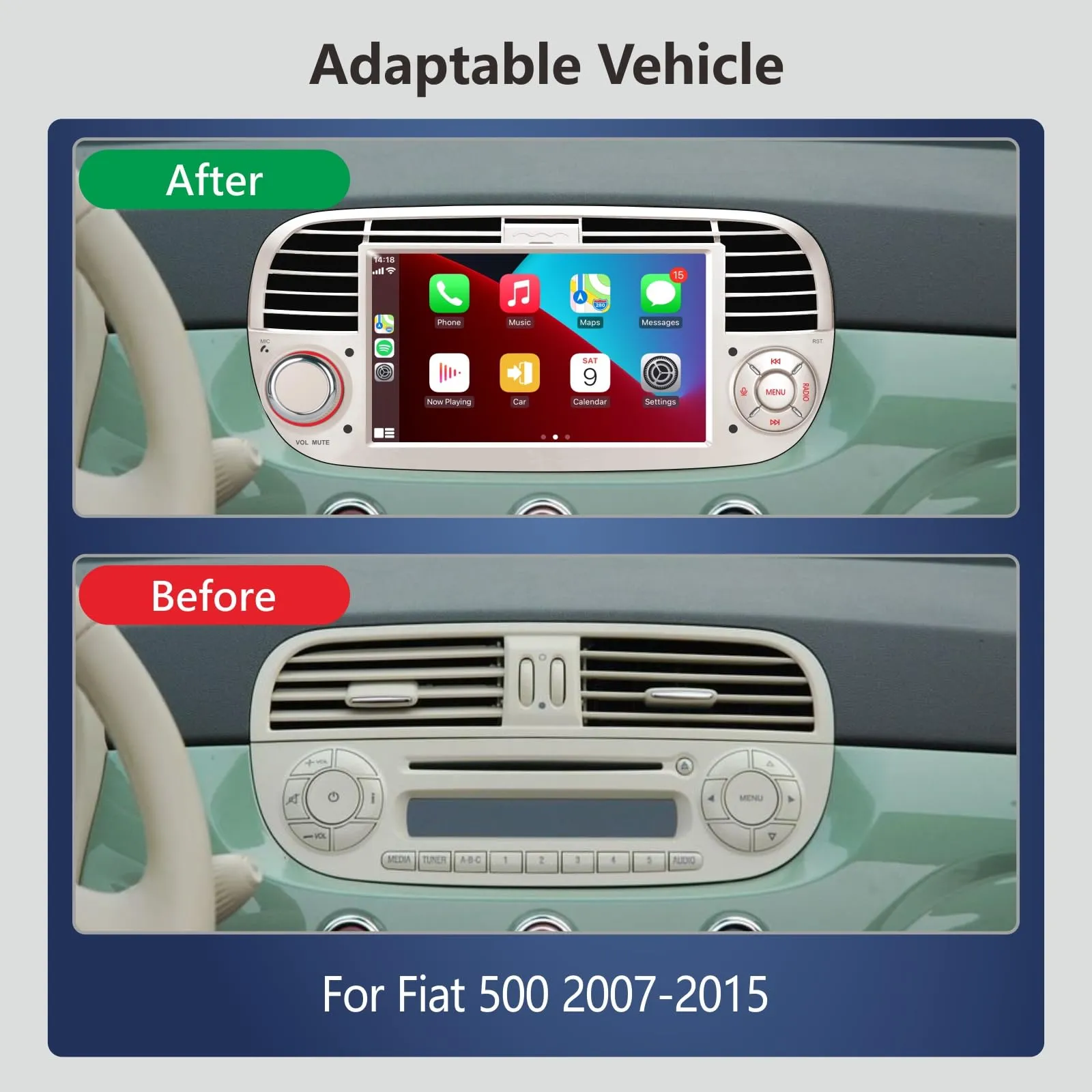Aphrfamma Autoradio per Fiat 500 2007-2015, CarPlay Wireless, Android Auto, 7 Pollici IPS, Bluetooth, FM/AM, USB, Mirror Link (Bianco) - immagine 6