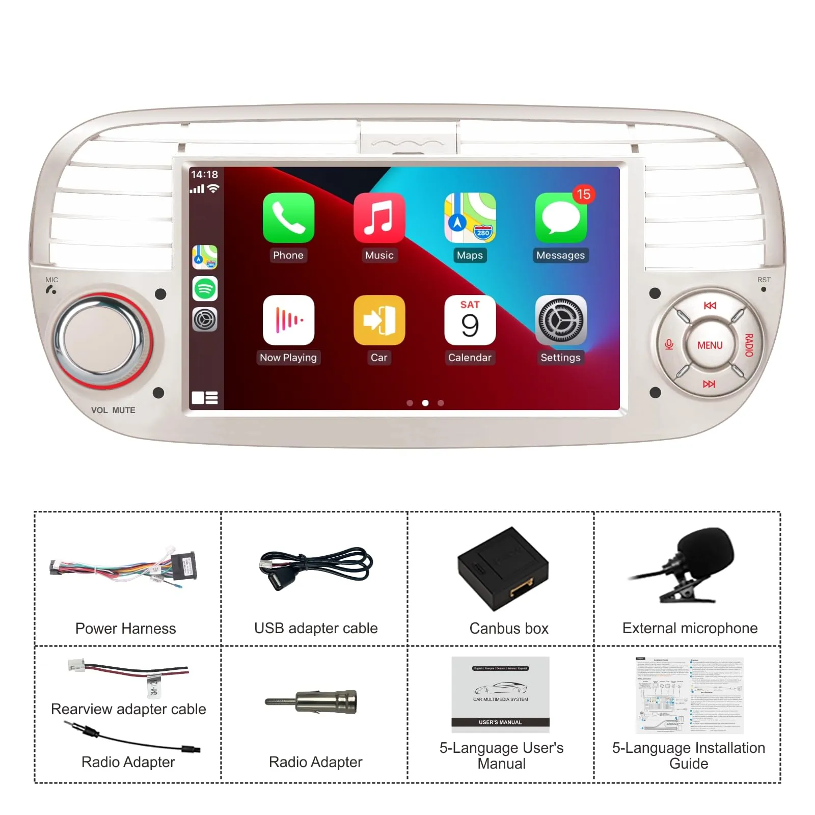 Aphrfamma Autoradio per Fiat 500 2007-2015, CarPlay Wireless, Android Auto, 7 Pollici IPS, Bluetooth, FM/AM, USB, Mirror Link (Bianco) - immagine 7