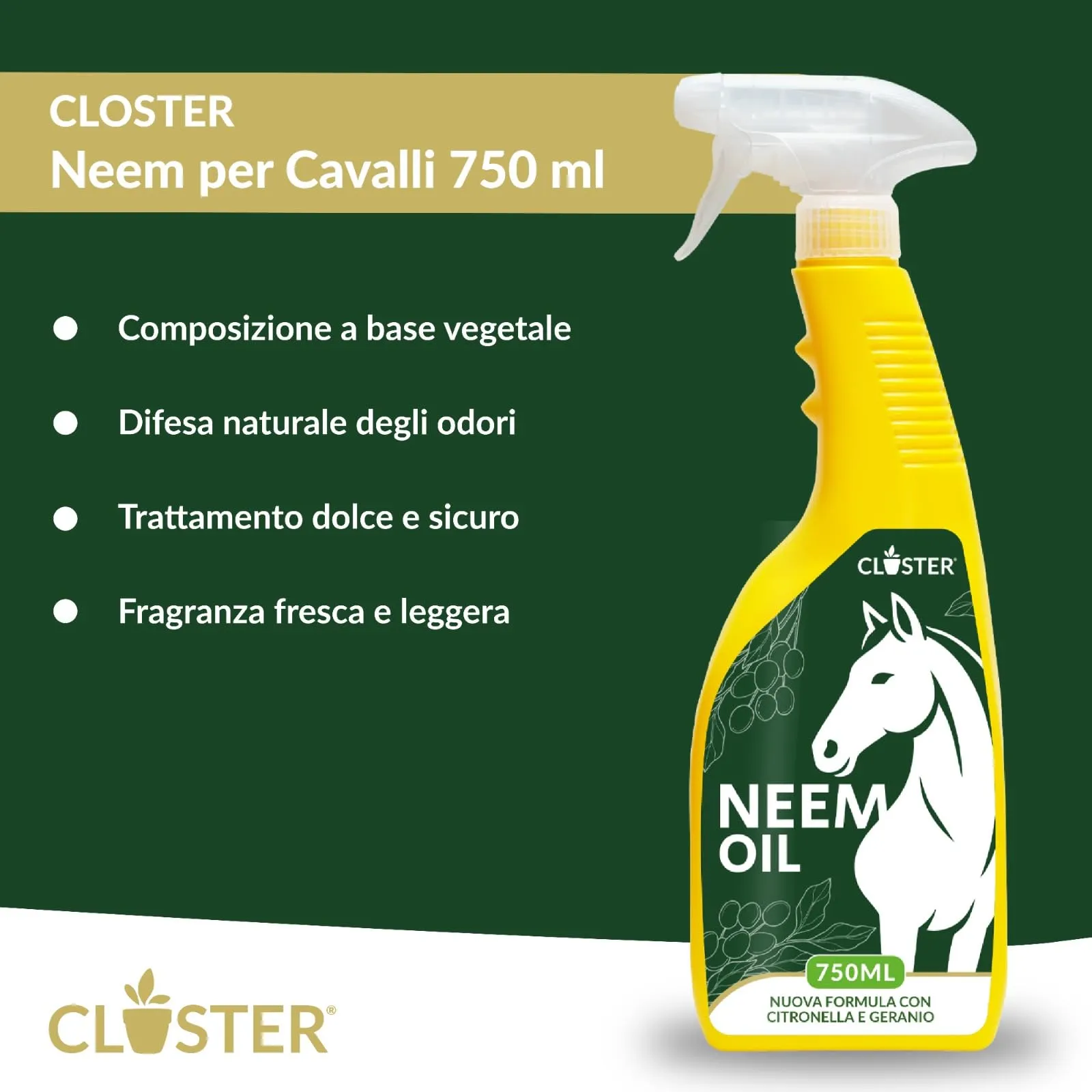 CLOSTER Olio di Neem per Cavalli Spray con Geranio e Citronella, 750ml - immagine 2