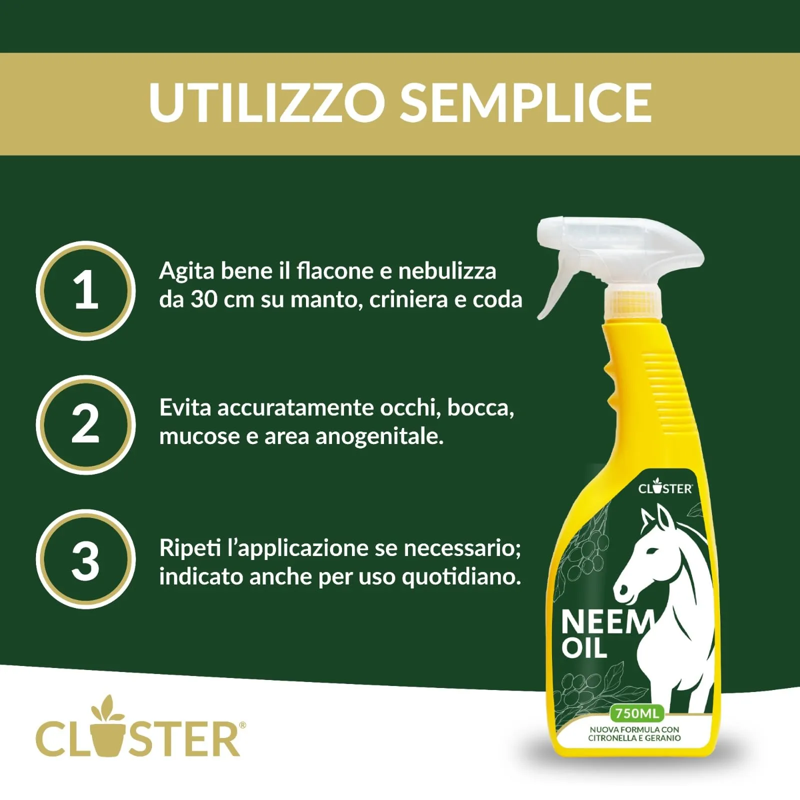 CLOSTER Olio di Neem per Cavalli Spray con Geranio e Citronella, 750ml - immagine 3