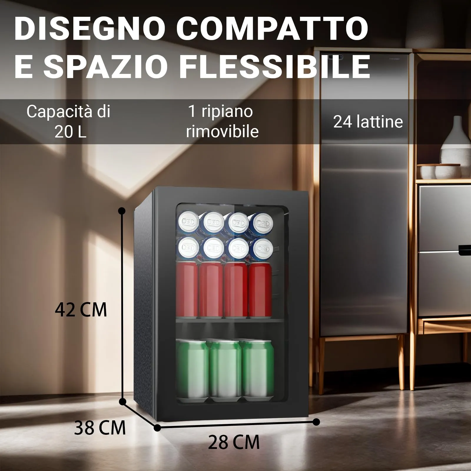 DollarDash Mini Frigorifero per Bevande 20L Nero HA209B, Capacità 24 Lattine, Porta Trasparente e Ripiani Regolabili - immagine 6