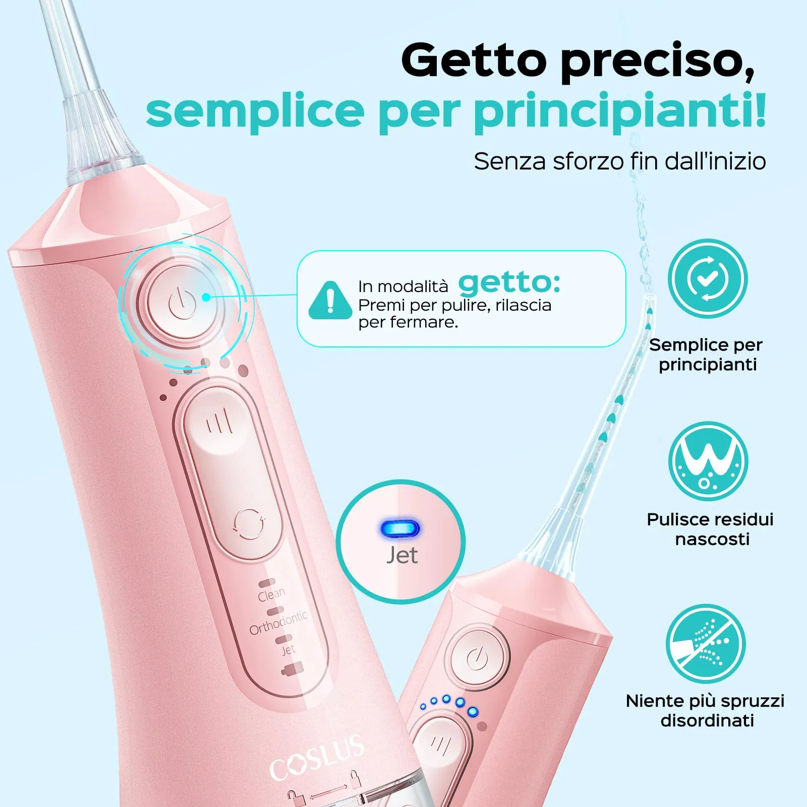 COSLUS C51 Idropulsore Dentale, Modalità Jet, 6 Pressioni, Rosa - immagine 4