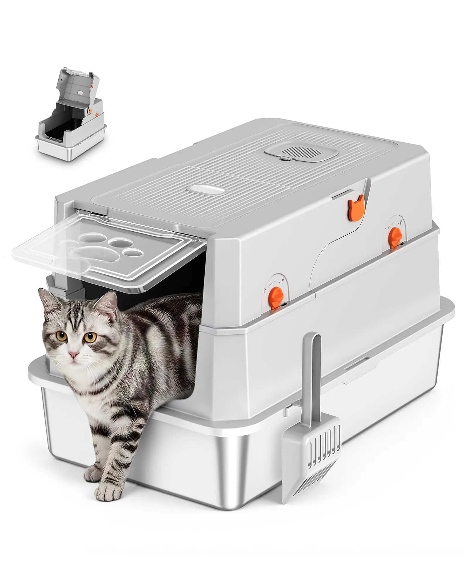 ICOYEA Lettiera per Gatti in Acciaio Inox Chiusa XXL con Coperchio e Paletta, 58x38x38cm, Grigio - immagine 1