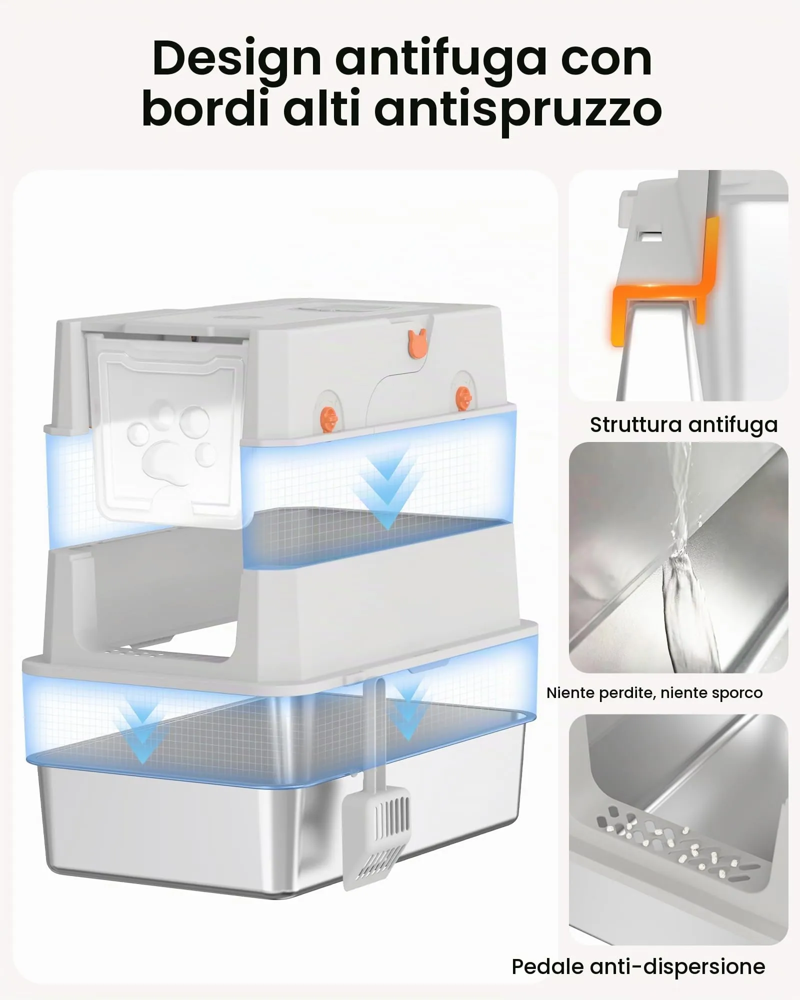 ICOYEA Lettiera per Gatti in Acciaio Inox Chiusa XXL con Coperchio e Paletta, 58x38x38cm, Grigio - immagine 2