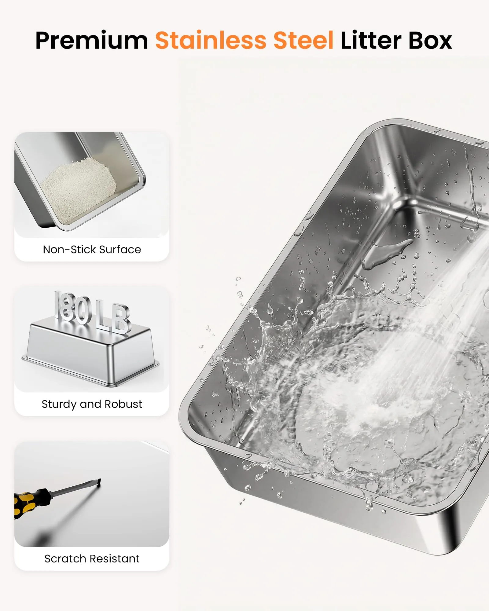 ICOYEA Lettiera per Gatti in Acciaio Inox Chiusa XXL con Coperchio e Paletta, 58x38x38cm, Grigio - immagine 5