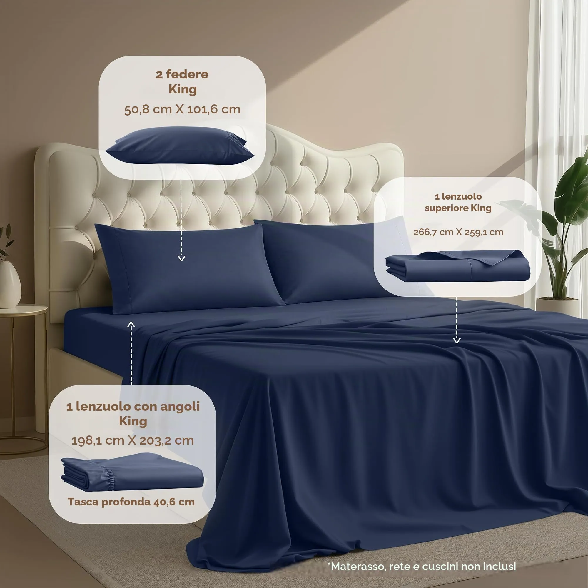 Utopia Bedding Set di lenzuola in microfibra 4 pezzi, USA King, Blu Navy - immagine 2