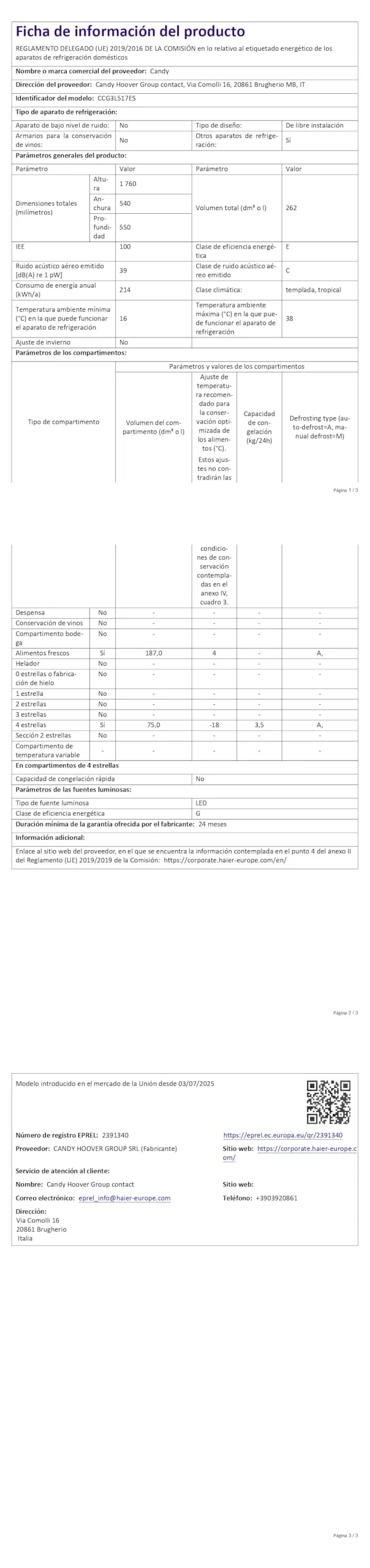 Candy CCG3L517ES Frigorifero Combinato Low Frost 260L, 55x176 cm, Argento - immagine 7