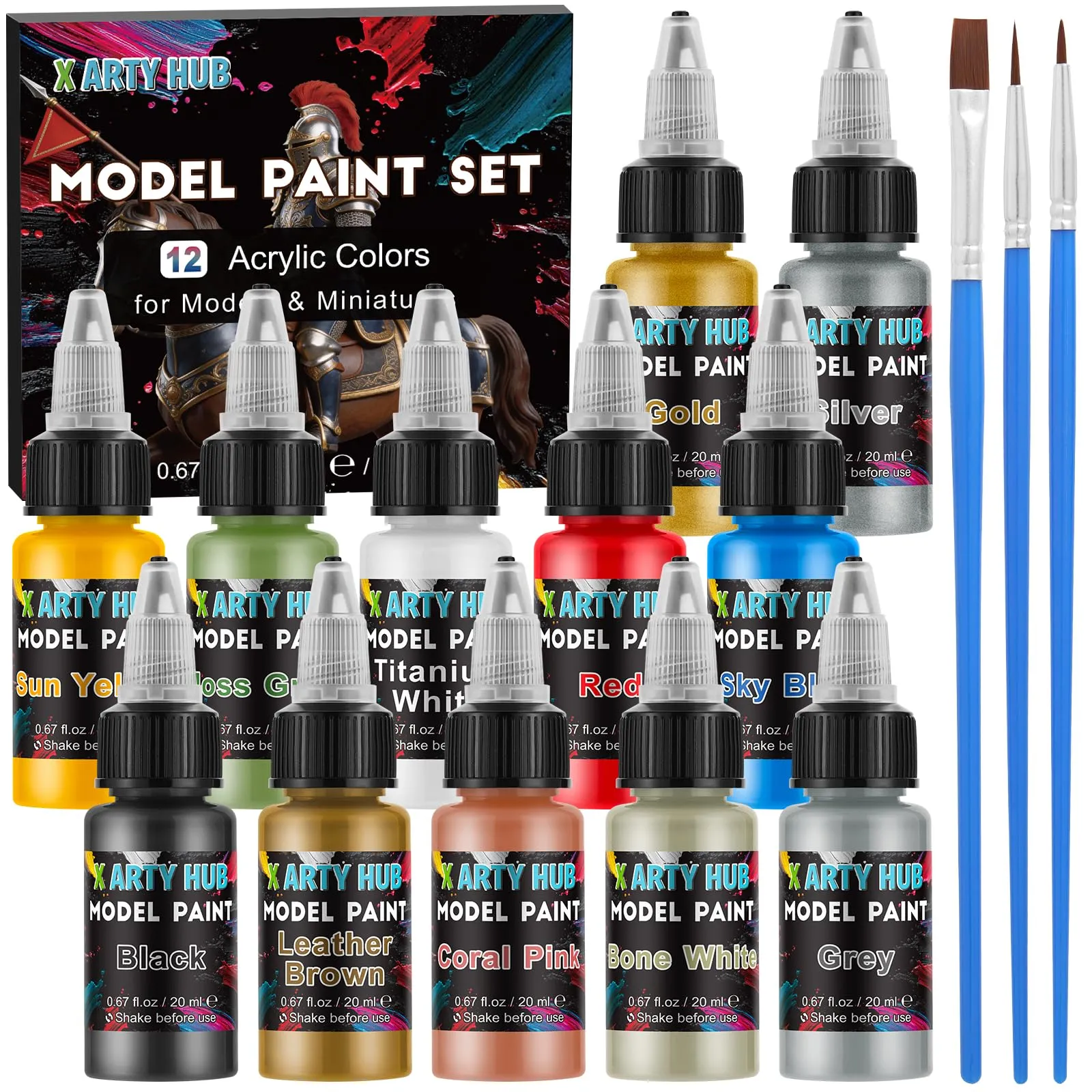 X ARTY HUB Set di Colori Acrilici per Modellismo, 12 Colori e 3 Pennelli - immagine 1