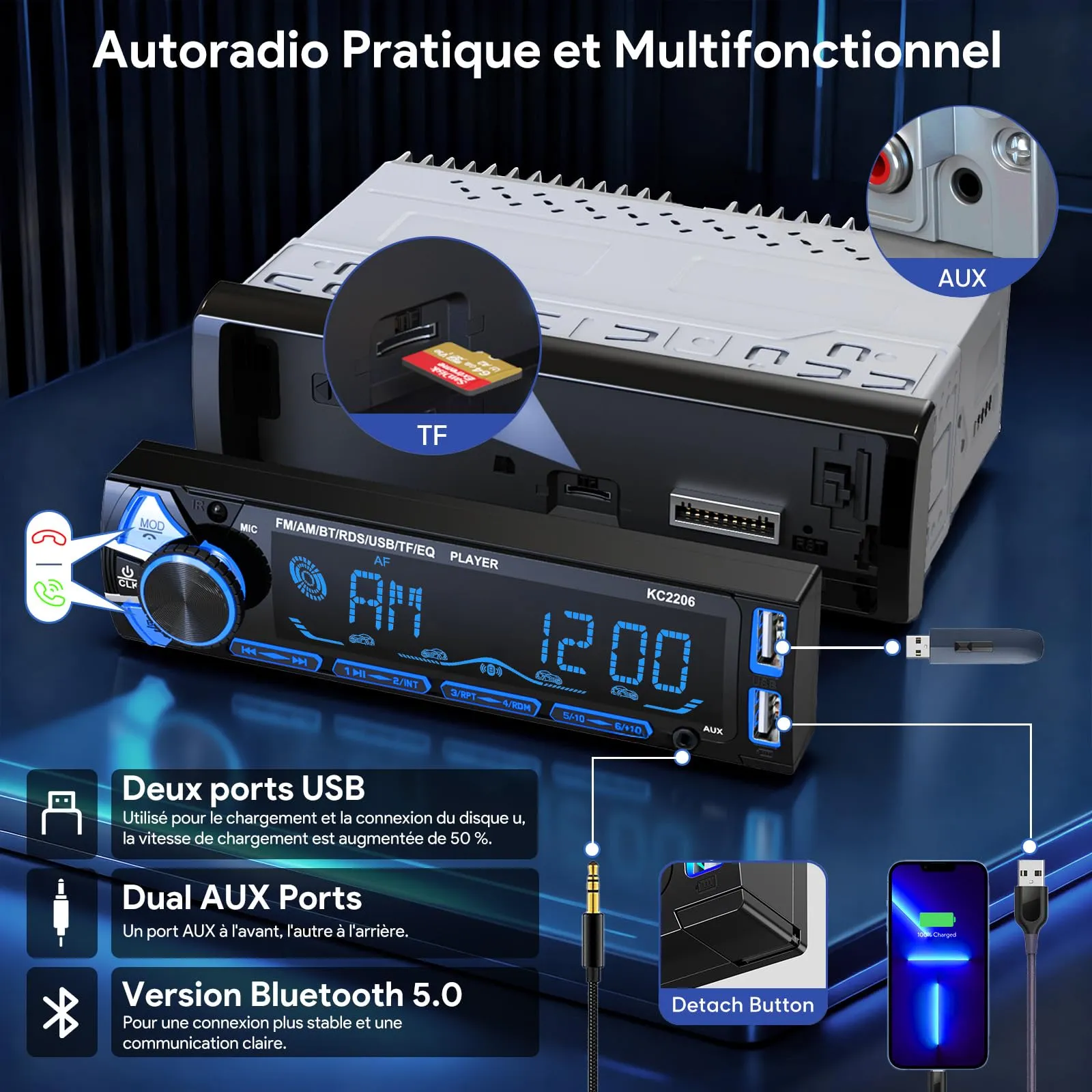 Wistrue Autoradio Bluetooth RDS AM/FM con Frontalino Estraibile - immagine 6