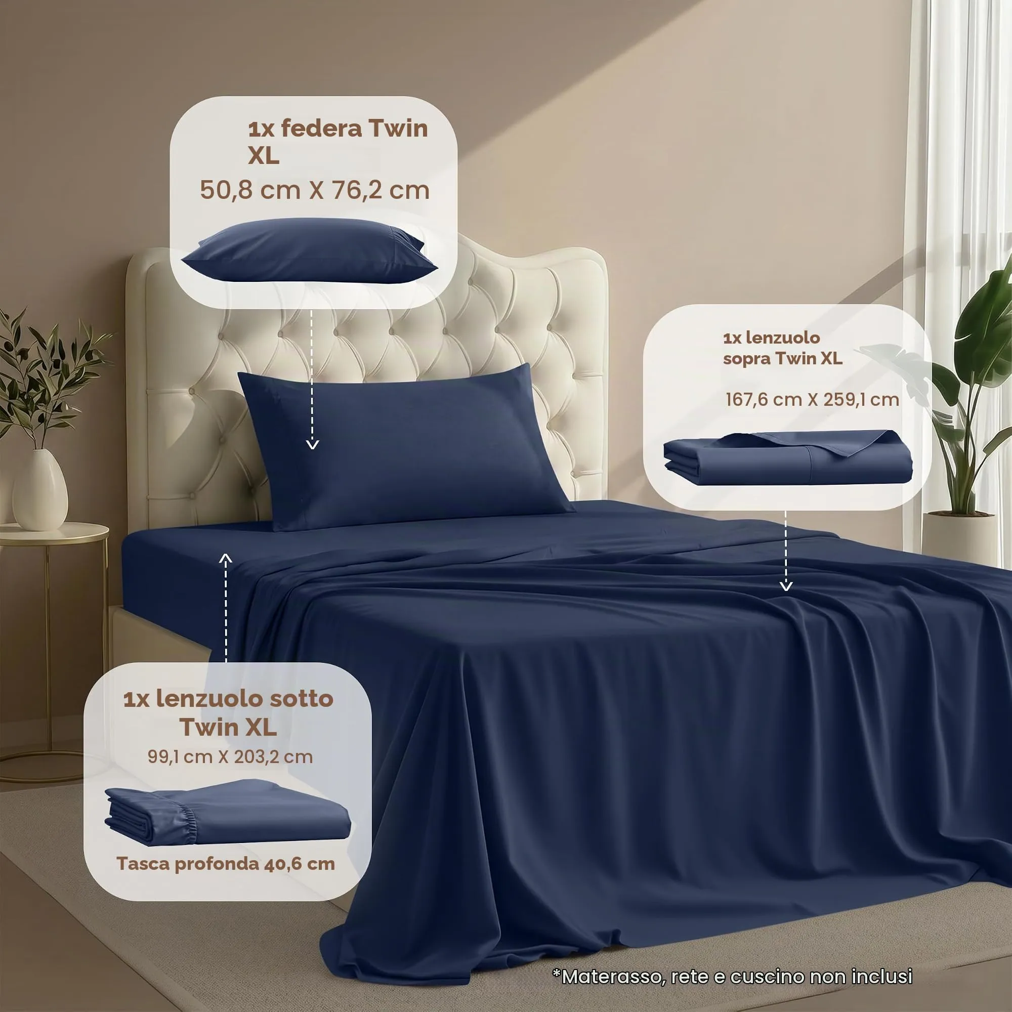Utopia Bedding Set di lenzuola in microfibra 3 pezzi per letto singolo XL, Blu Navy - immagine 2
