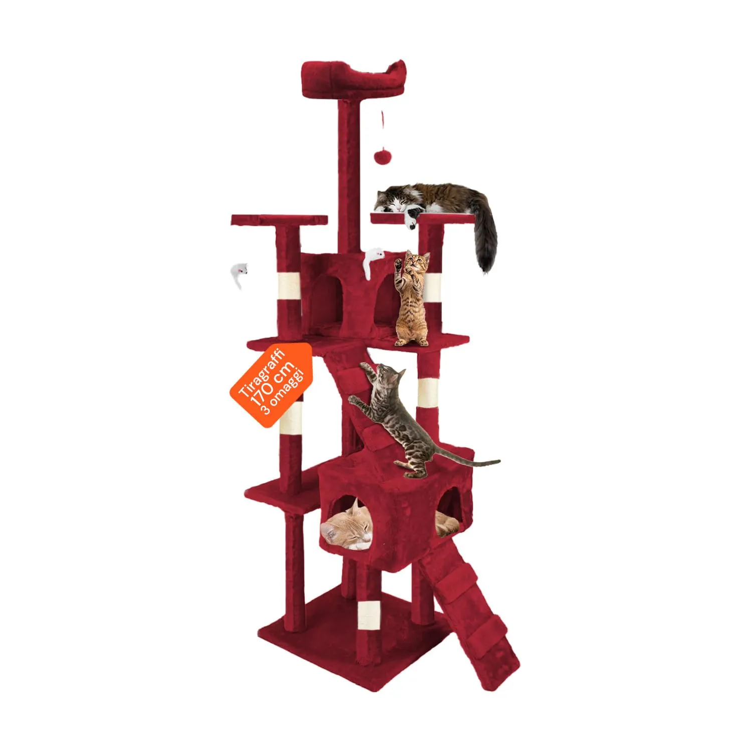 Wintem Tiragraffi XXL 170cm con Doppia Cuccia, Albero Giochi in Sisal e Peluche, Bordeaux - immagine 1