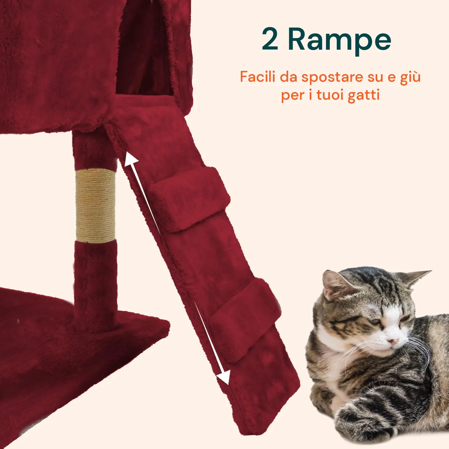 Wintem Tiragraffi XXL 170cm con Doppia Cuccia, Albero Giochi in Sisal e Peluche, Bordeaux - immagine 3