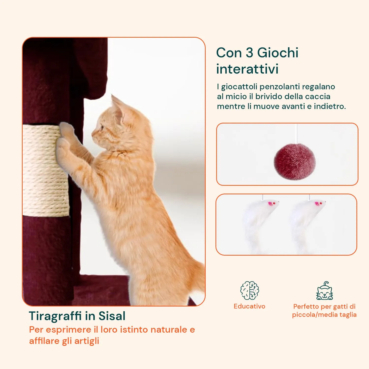 Wintem Tiragraffi XXL 170cm con Doppia Cuccia, Albero Giochi in Sisal e Peluche, Bordeaux - immagine 4