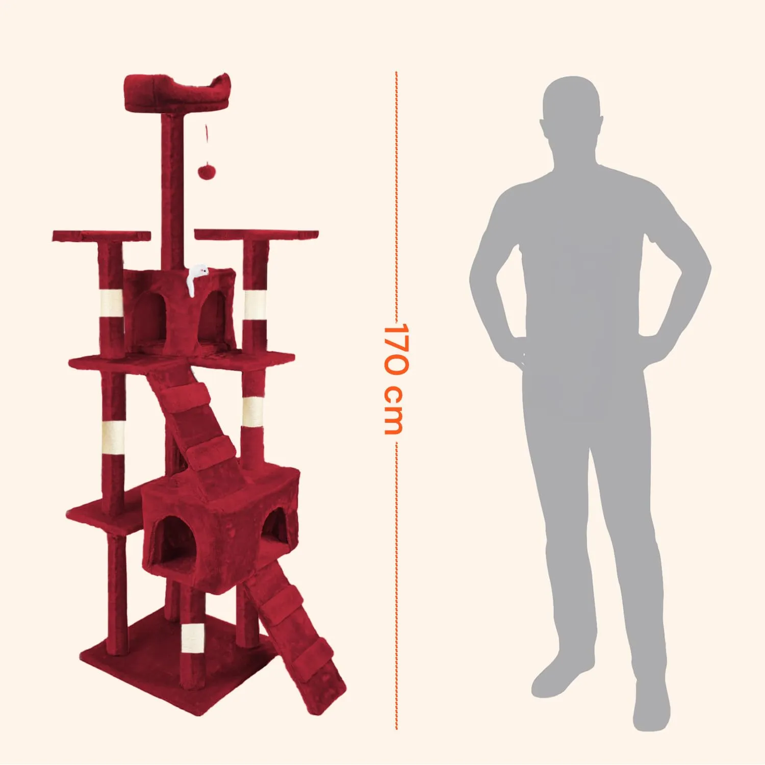 Wintem Tiragraffi XXL 170cm con Doppia Cuccia, Albero Giochi in Sisal e Peluche, Bordeaux - immagine 6