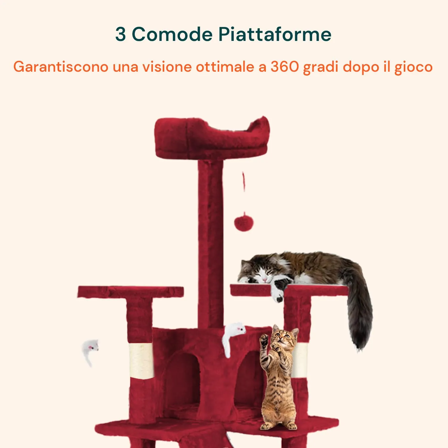 Wintem Tiragraffi XXL 170cm con Doppia Cuccia, Albero Giochi in Sisal e Peluche, Bordeaux - immagine 7