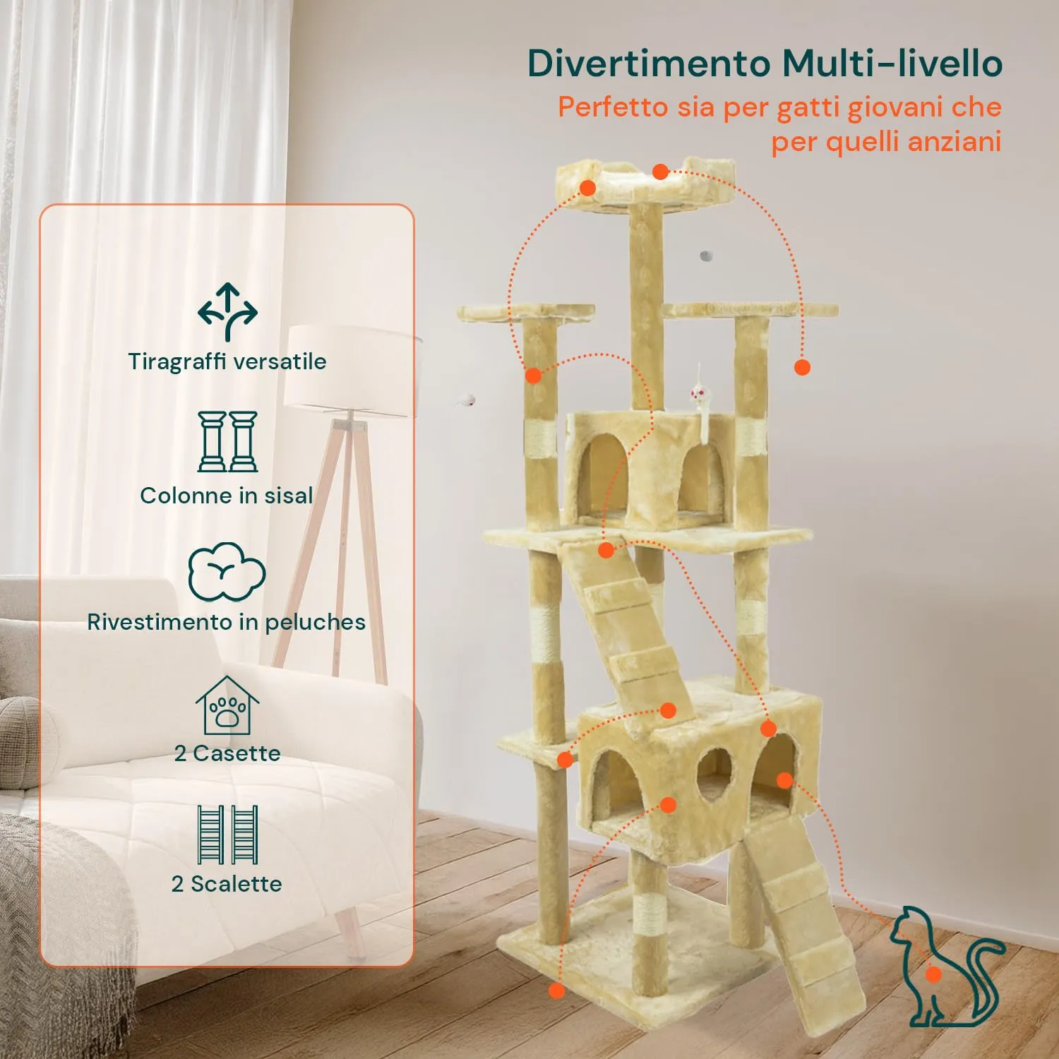 Wintem Tiragraffi con Cuccia per Gatti Adulti, Albero Verticale 170 cm, Beige - immagine 2