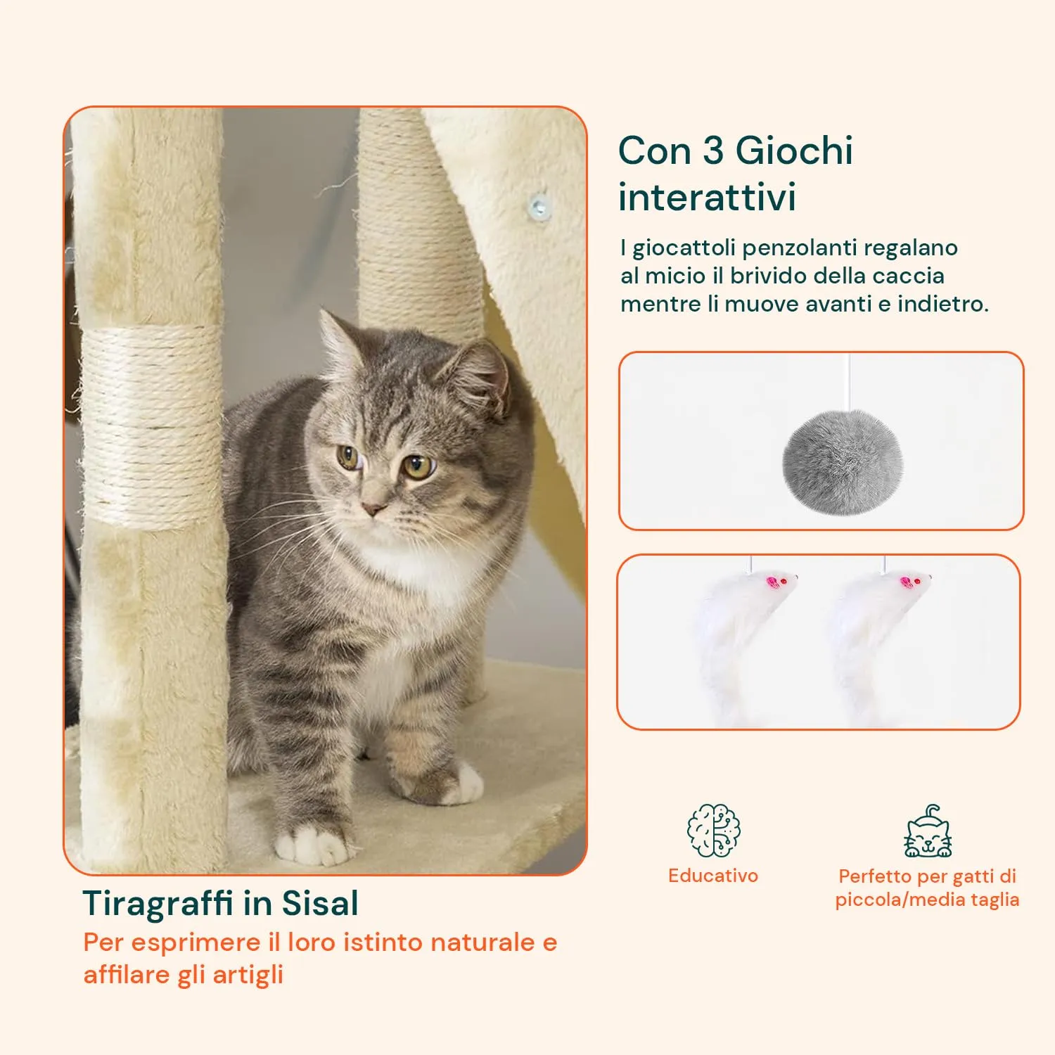 Wintem Tiragraffi con Cuccia per Gatti Adulti, Albero Verticale 170 cm, Beige - immagine 4